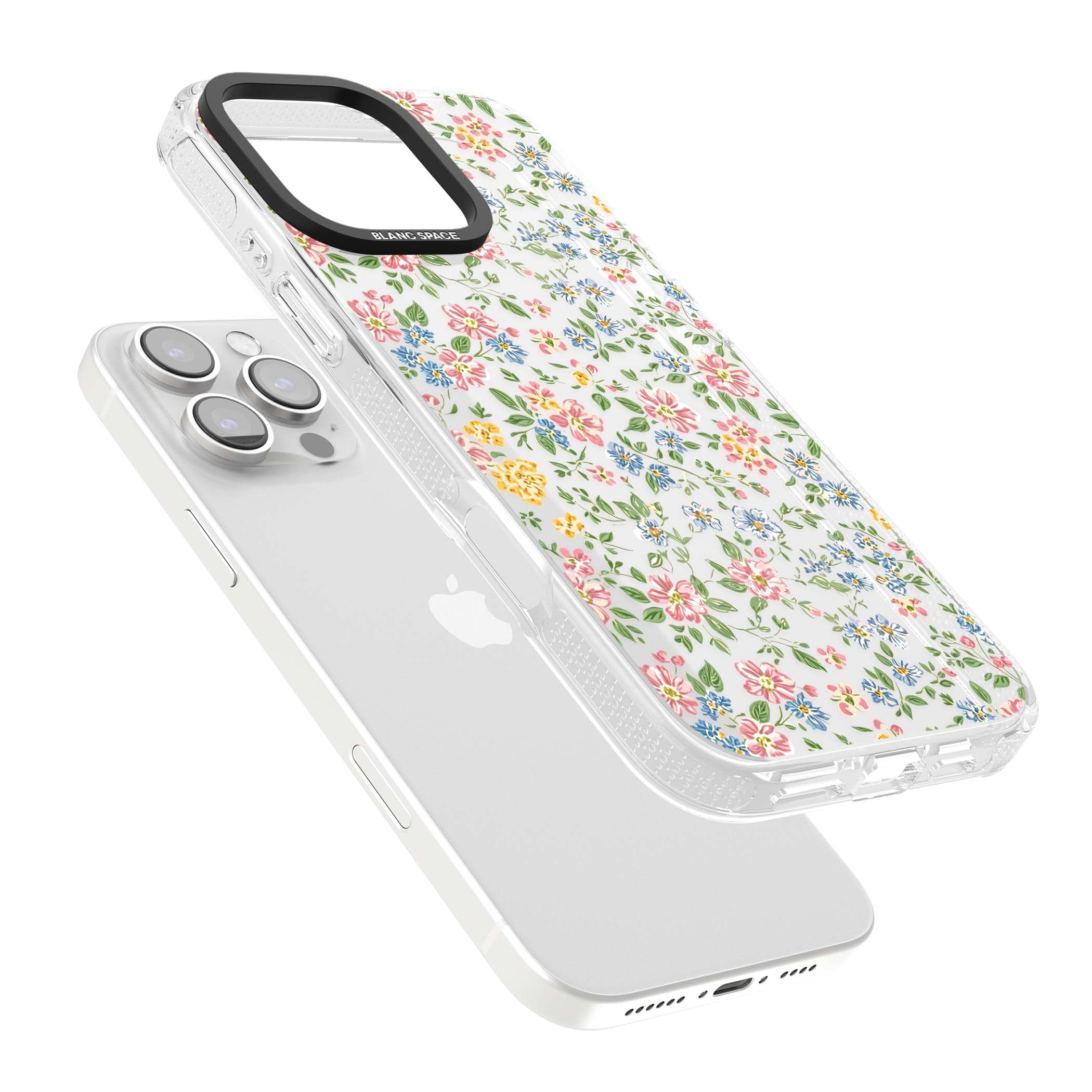 Soft Meadow cottagecore iPhone case featuring pink cosmos, blue forget-me-nots, yellow buttercups and green leaves sca | Clear Case Impact Air case for iPhone 16 Pro, iPhone 16 Pro Max