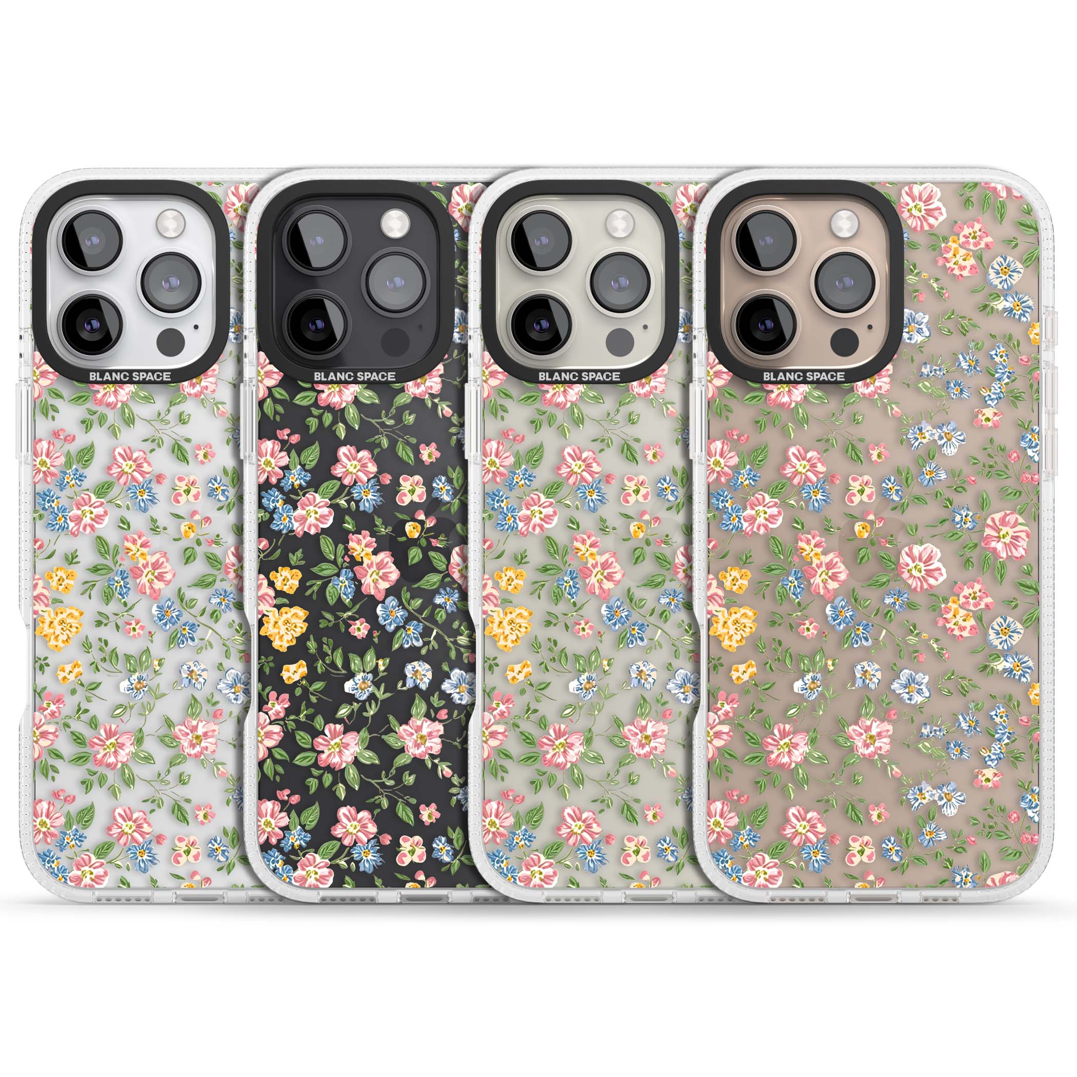 Soft Meadow cottagecore iPhone case featuring pink cosmos, blue forget-me-nots, yellow buttercups and green leaves sca | Clear Case Impact Air case for iPhone 16 Pro, iPhone 16 Pro Max