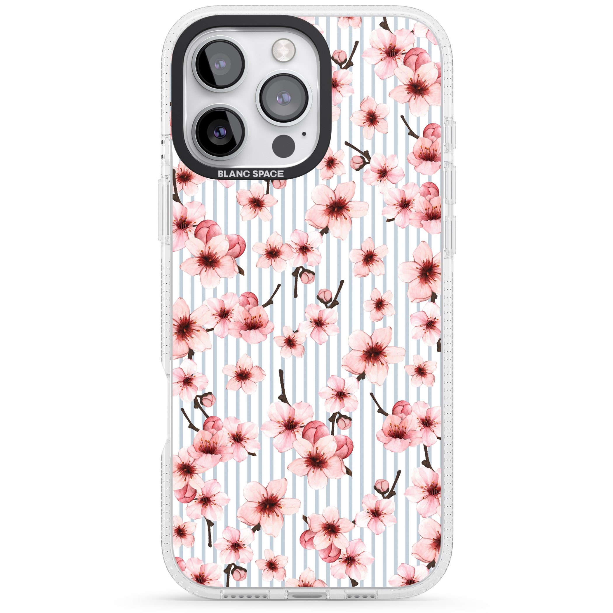 Cherry Blossoms on Blue Stripes Pattern iPhone 16 Pro Max / 16 Pro Clear Case Impact Air - Blanc Space