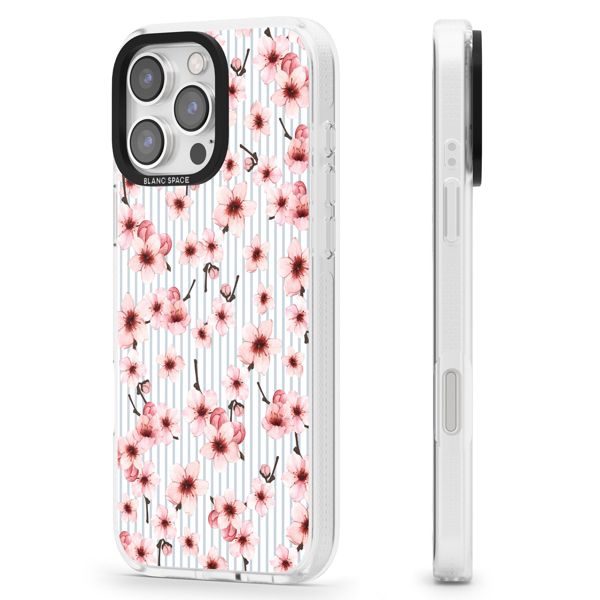 Cherry Blossoms on Blue Stripes Pattern iPhone 16 Pro Max / 16 Pro Clear Case Impact Air - Blanc Space