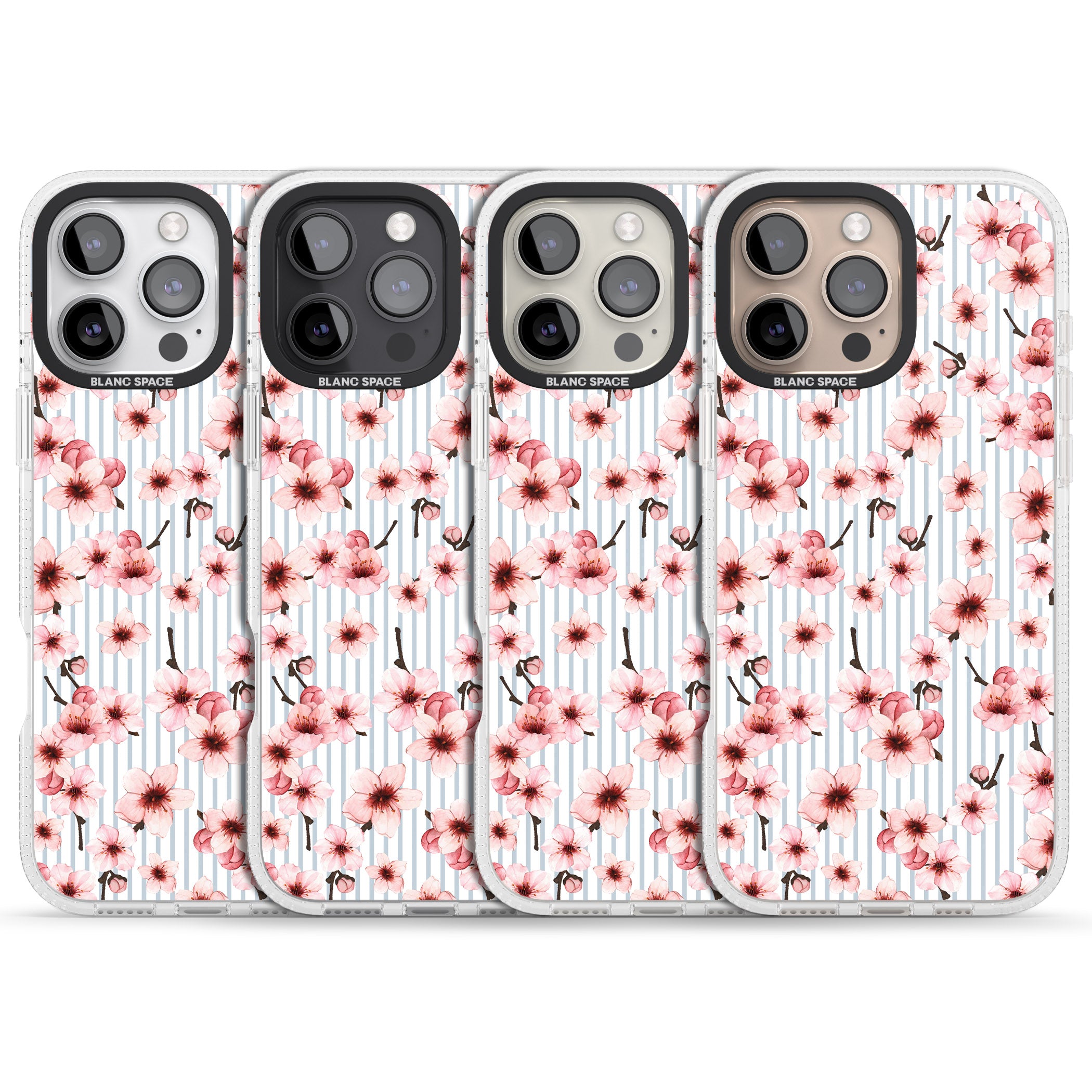 Cherry Blossoms on Blue Stripes Pattern iPhone 16 Pro Max / 16 Pro Clear Case Impact Air - Blanc Space