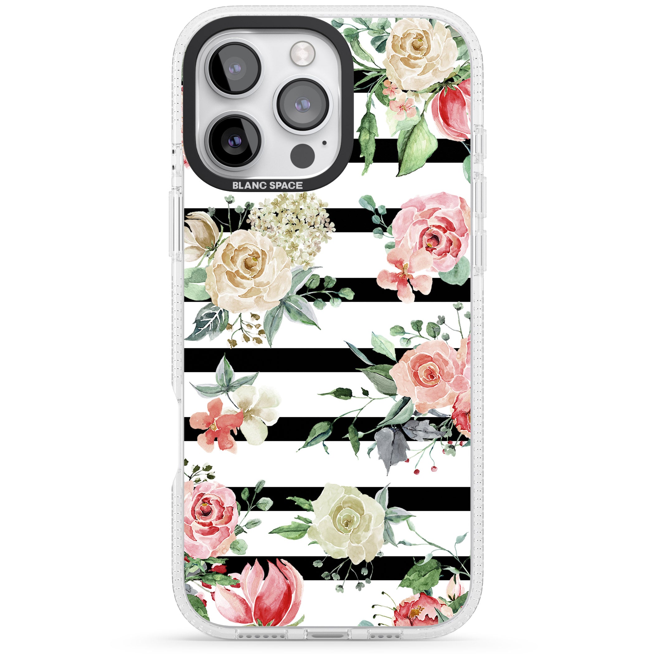 Bold Stripes & Flower Pattern iPhone 16 Pro Max / 16 Pro Clear Case Impact Air - Blanc Space