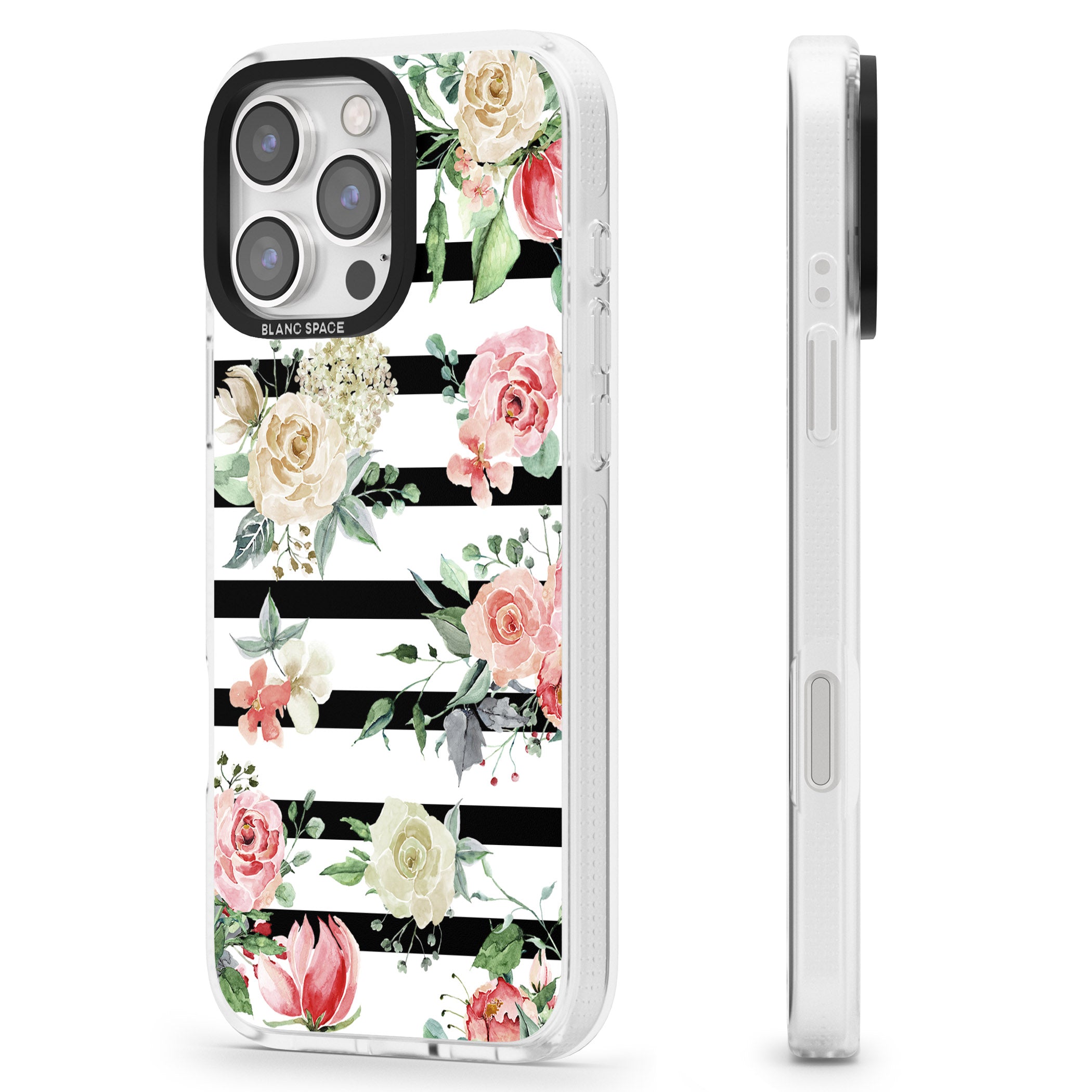 Bold Stripes & Flower Pattern iPhone 16 Pro Max / 16 Pro Clear Case Impact Air - Blanc Space