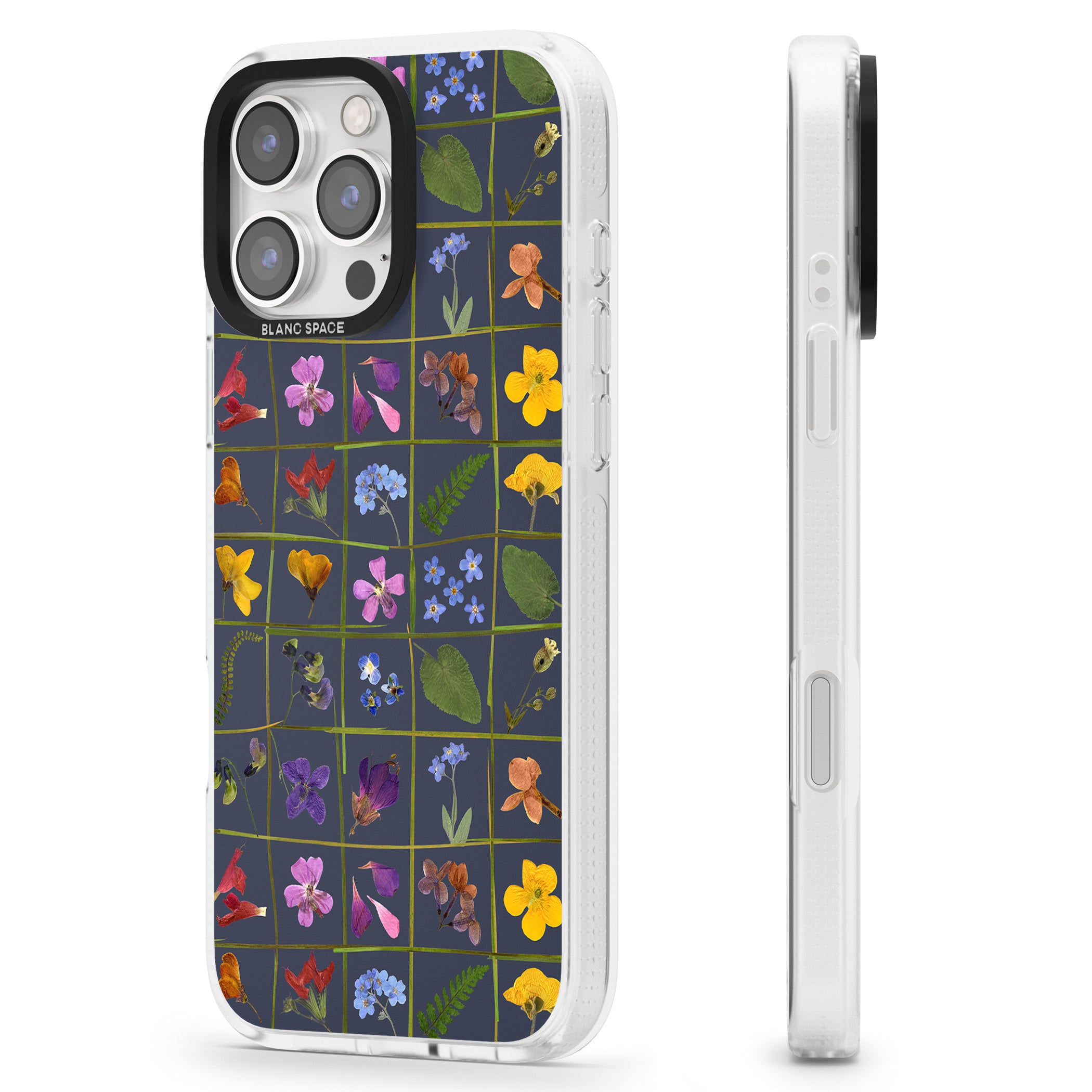 Wildflower Grid Boxes Pattern - Navy iPhone 16 Pro Max / 16 Pro Clear Case Impact Air - Blanc Space