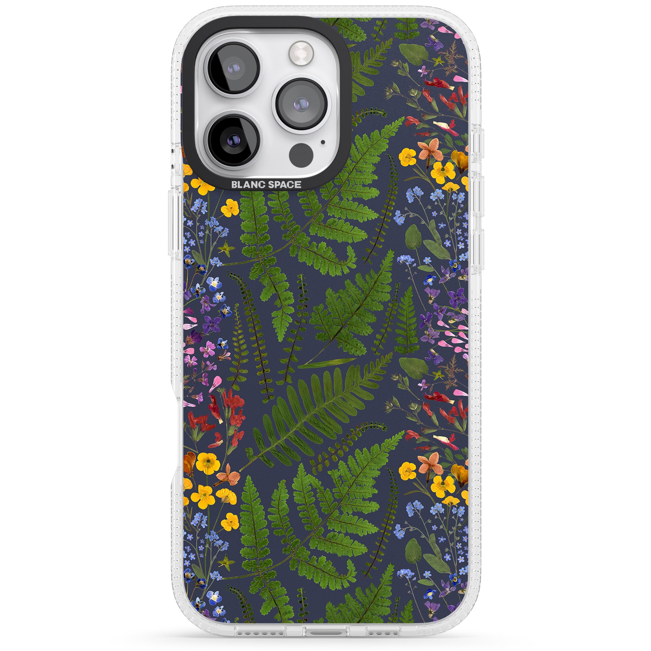 Busy Floral and Fern Design - Navy iPhone 16 Pro Max / 16 Pro Clear Case Impact Air - Blanc Space
