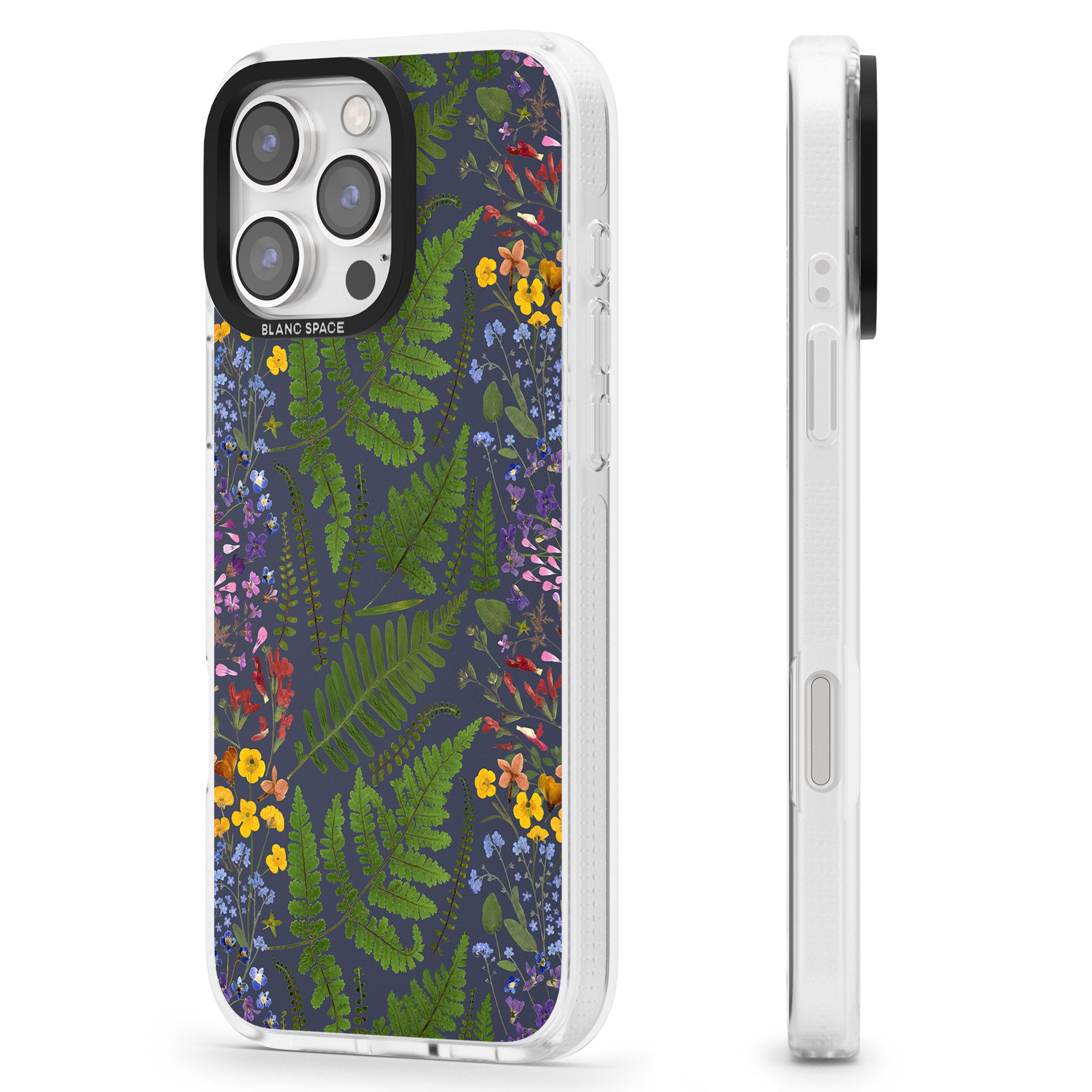 Busy Floral and Fern Design - Navy iPhone 16 Pro Max / 16 Pro Clear Case Impact Air - Blanc Space