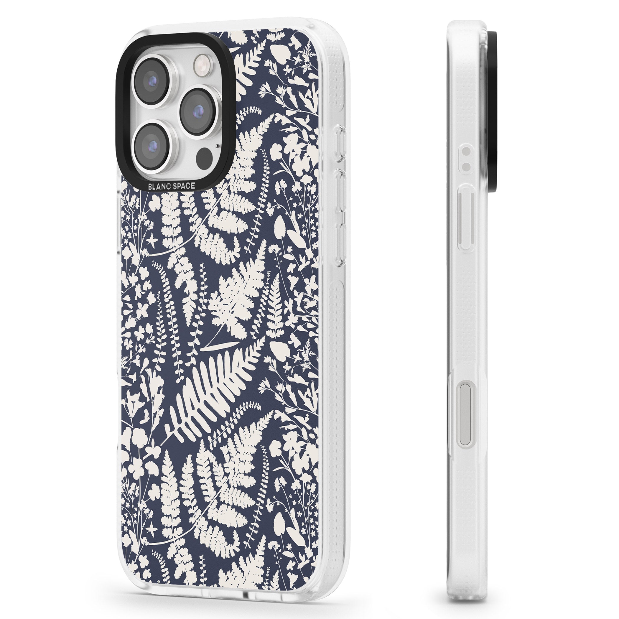 Wildflowers and Ferns on Navy iPhone 16 Pro Max / 16 Pro Clear Case Impact Air - Blanc Space