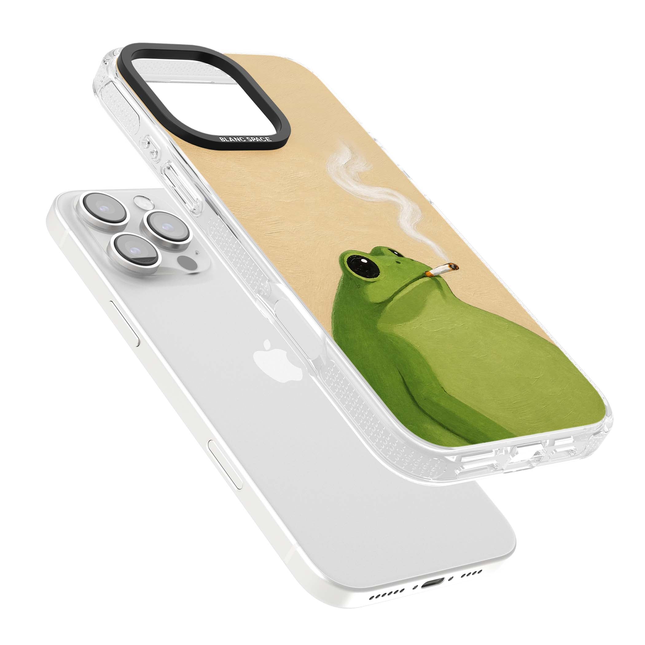 The Smoking Frog cottagecore iPhone case featuring a hand-painted green frog smoking a cigarette on a cream oil painting back | Clear Case Impact Air case for iPhone 16 Pro, iPhone 16 Pro Max
