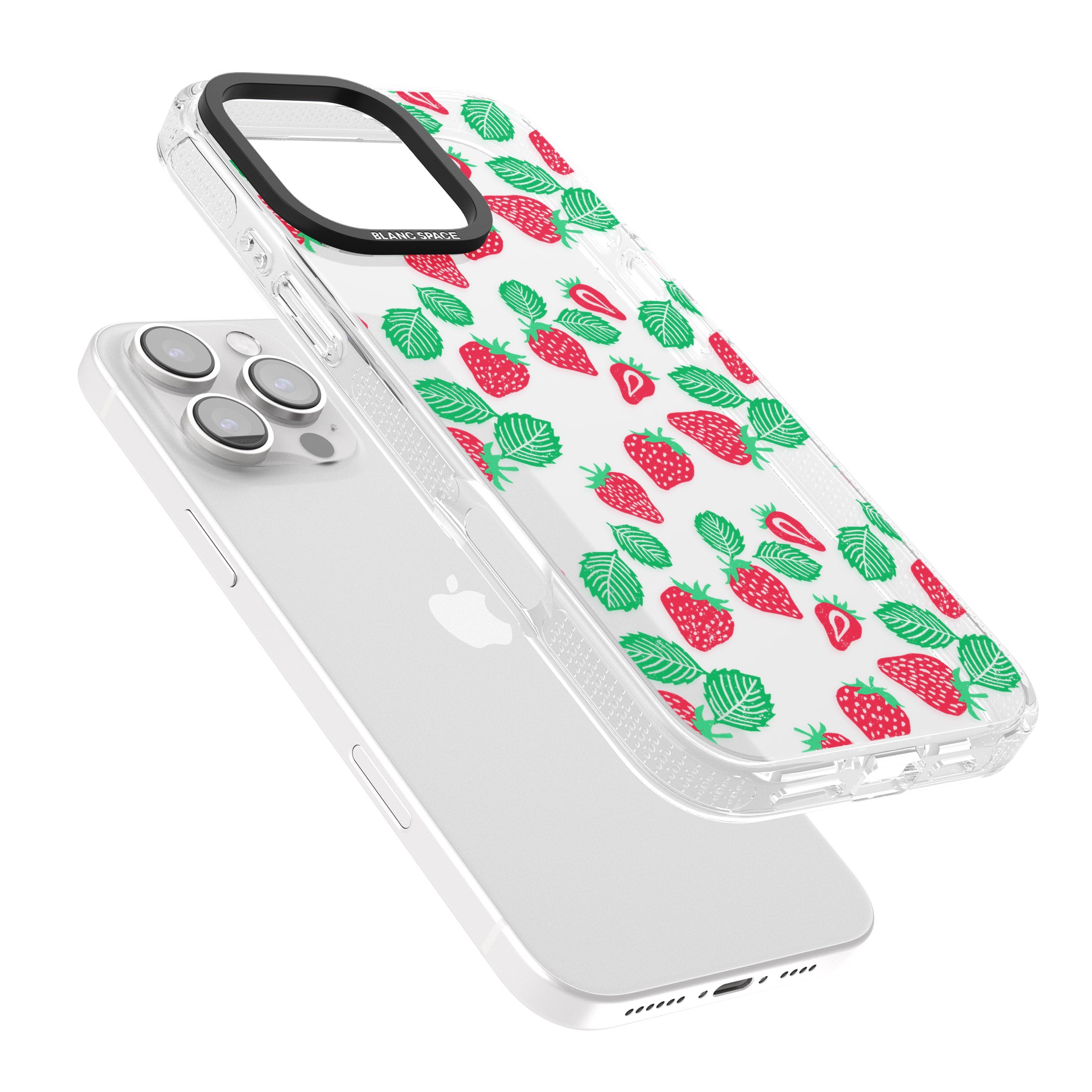 Strawberry Pattern iPhone 16 Pro Max / 16 Pro Clear Case Impact Air - Blanc Space