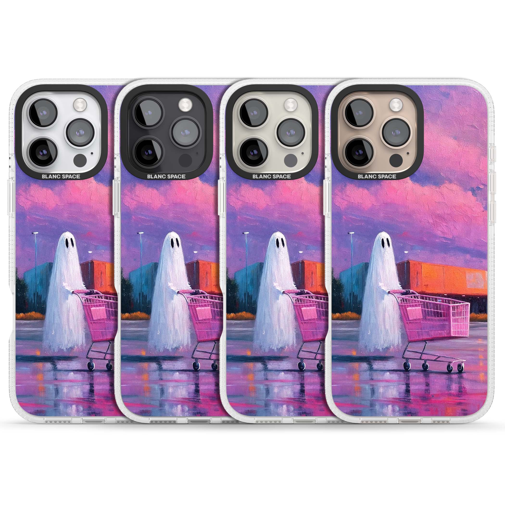 A Ghost's Errand ghost halloween iPhone case featuring a painted ghost, pink shopping trolley and purple sunset sky | Clear Case Impact Air case for iPhone 16 Pro, iPhone 16 Pro Max