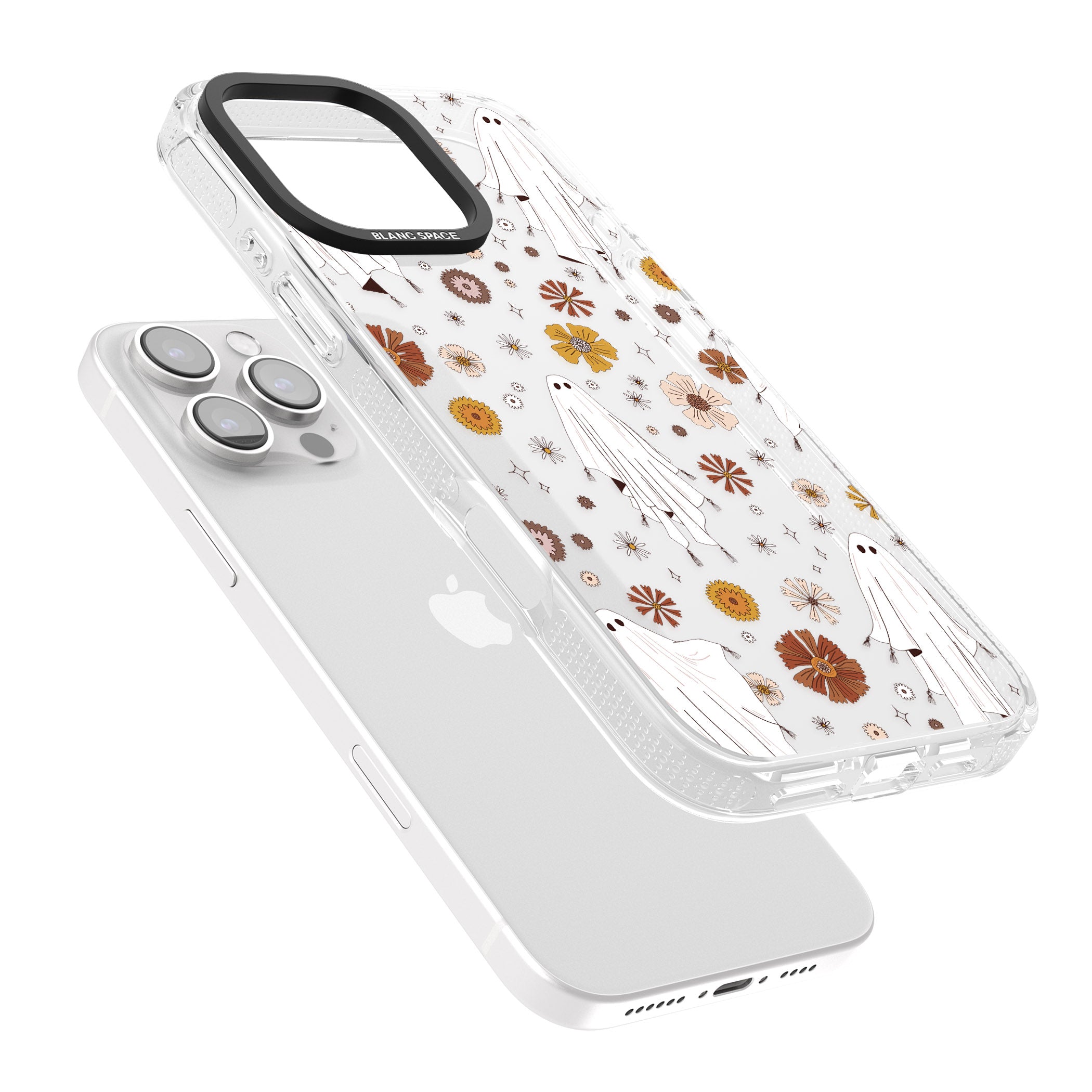 Halloween Ghosts and Flowers iPhone 16 Pro Max / 16 Pro Clear Case Impact Air - Blanc Space