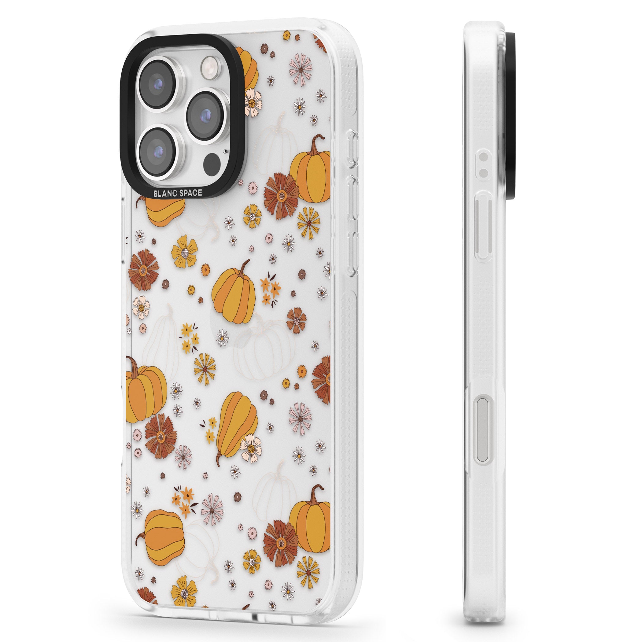 Halloween Pumpkins and Flowers iPhone 16 Pro Max / 16 Pro Clear Case Impact Air - Blanc Space