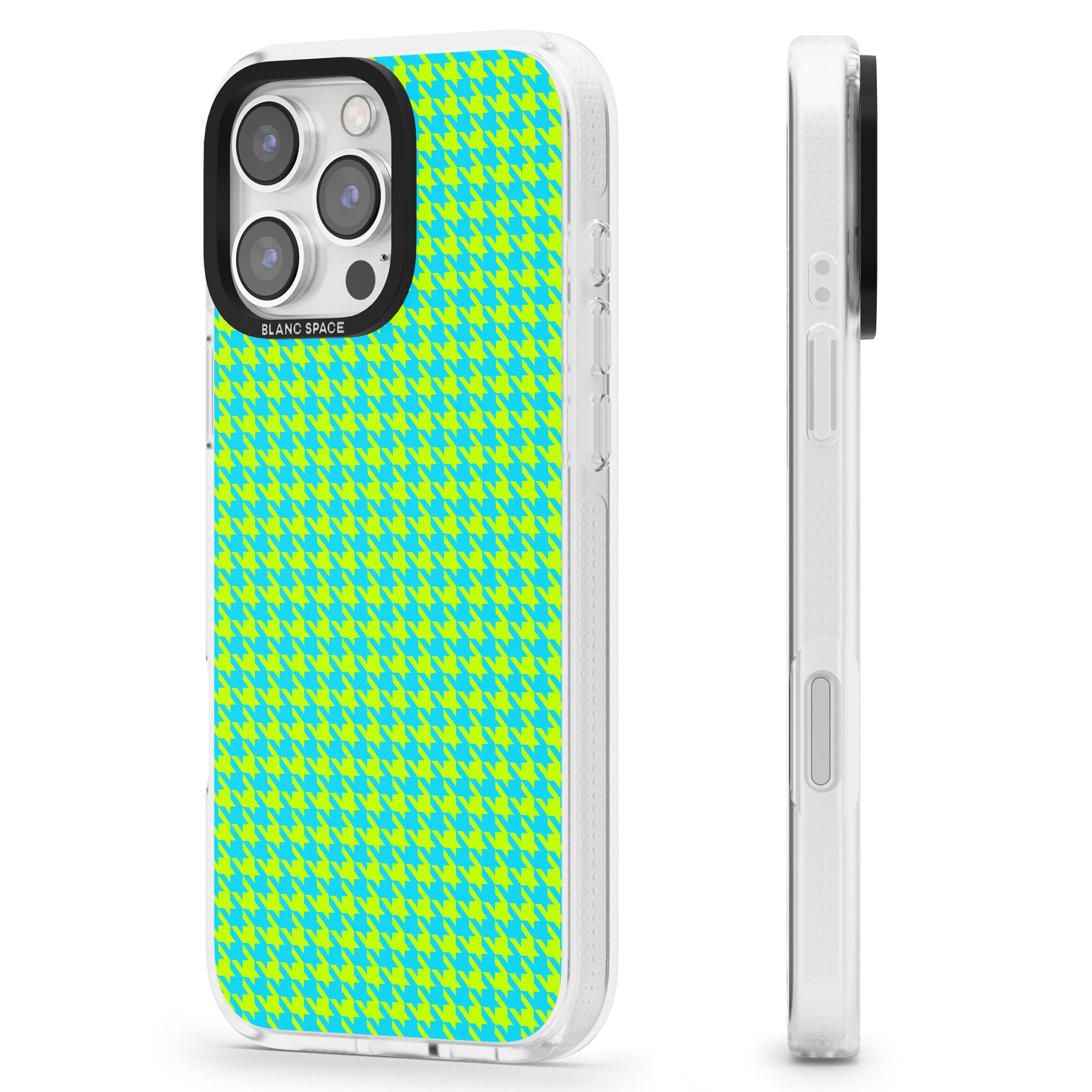 Neon Lime & Turquoise Houndstooth Pattern iPhone 16 Pro Max / 16 Pro Clear Case Impact Air - Blanc Space