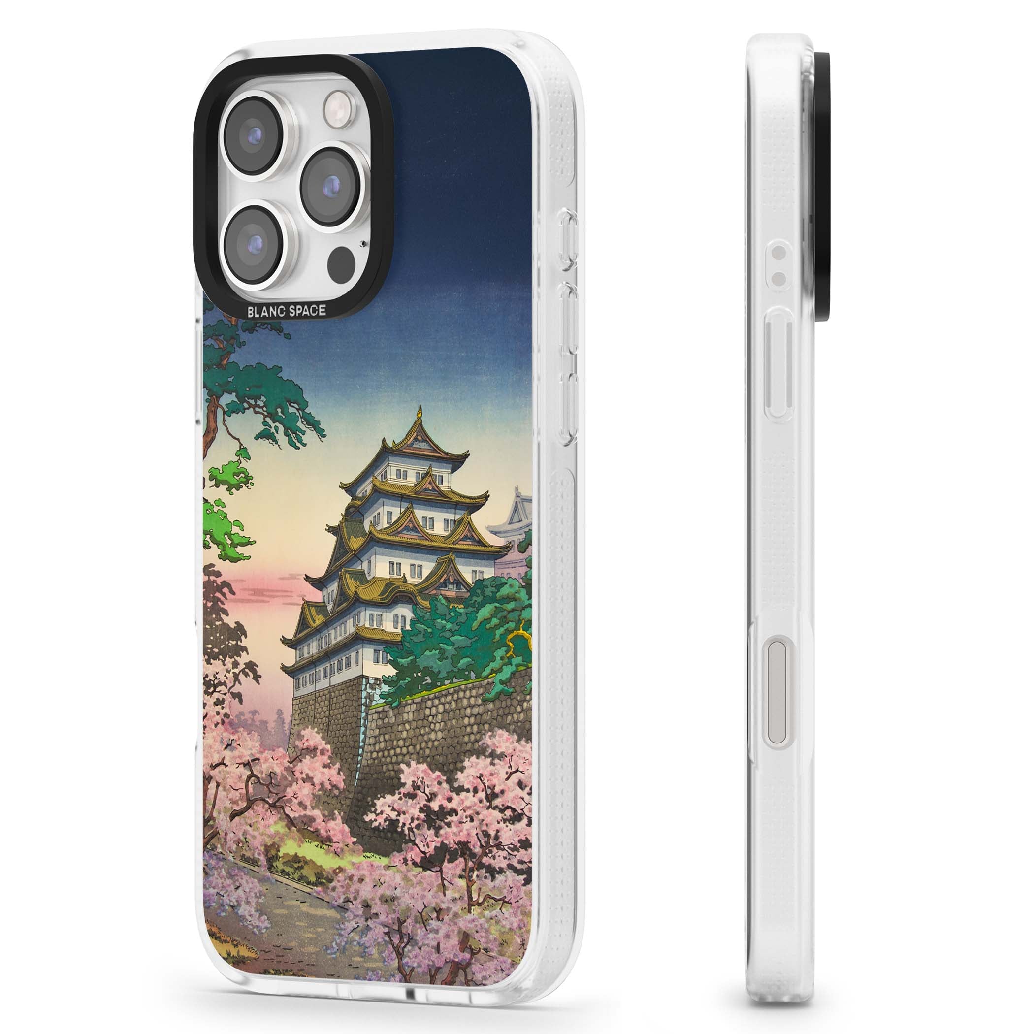 Nagoya Castle Japanese iPhone case featuring a vintage pagoda, twilight sky and cherry blossom trees | Clear Case Impact Air case for iPhone 16 Pro, iPhone 16 Pro Max