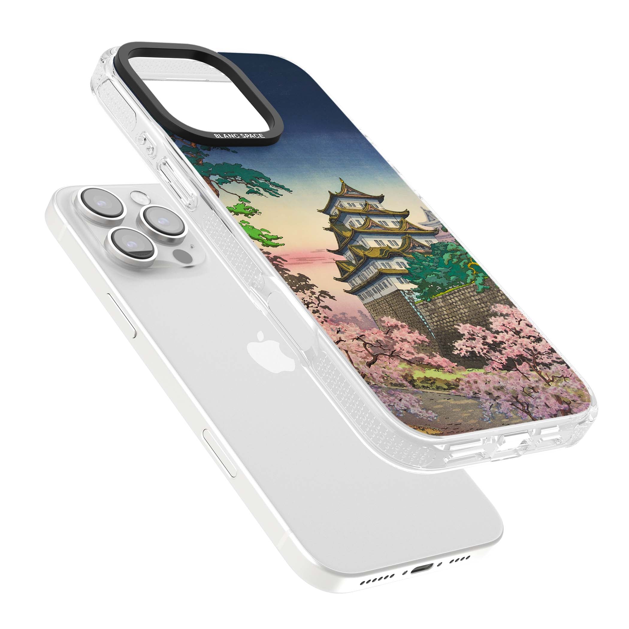 Nagoya Castle Japanese iPhone case featuring a vintage pagoda, twilight sky and cherry blossom trees | Clear Case Impact Air case for iPhone 16 Pro, iPhone 16 Pro Max