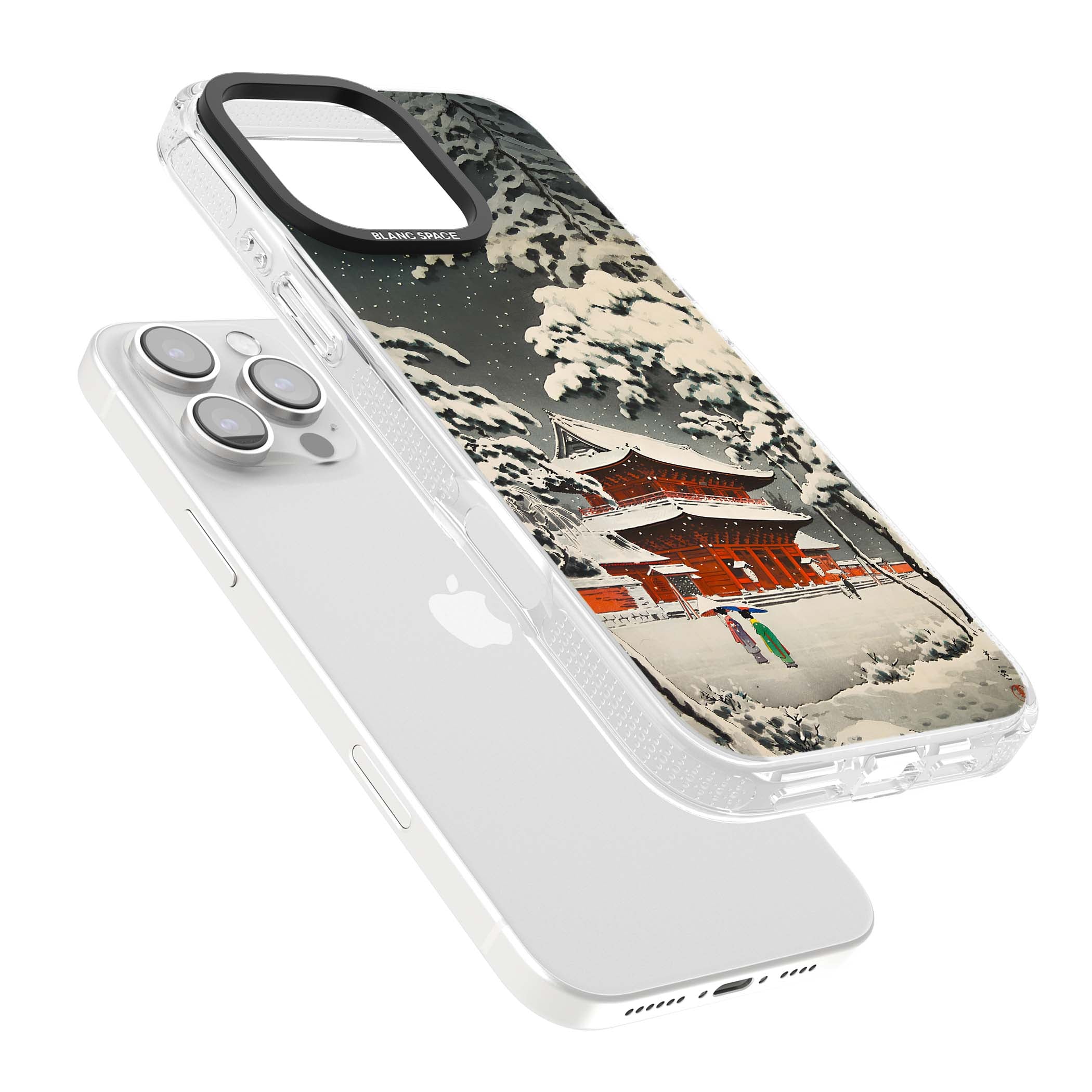 Snow at Shiha Park, Tokyo Japanese art iPhone case featuring a vintage ukiyo-e snowy temple, red pagoda, and snow-covered pin | Clear Case Impact Air case for iPhone 16 Pro, iPhone 16 Pro Max