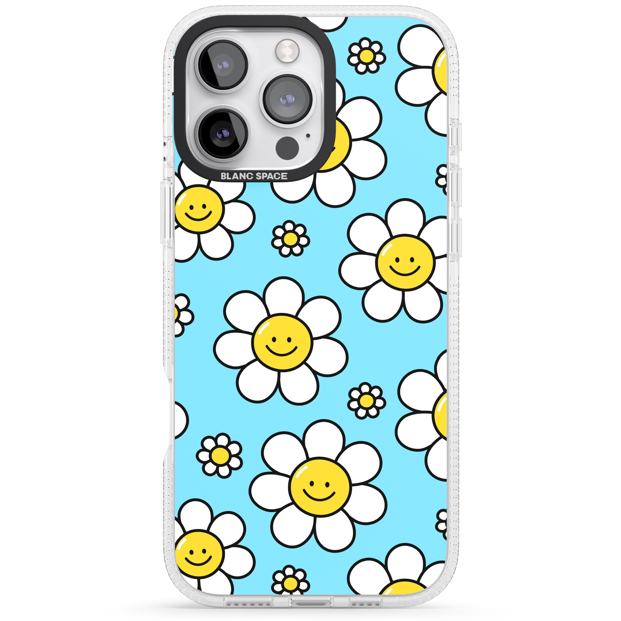 Daisy Faces Kawaii Pattern iPhone 16 Pro Max / 16 Pro Clear Case Impact Air - Blanc Space