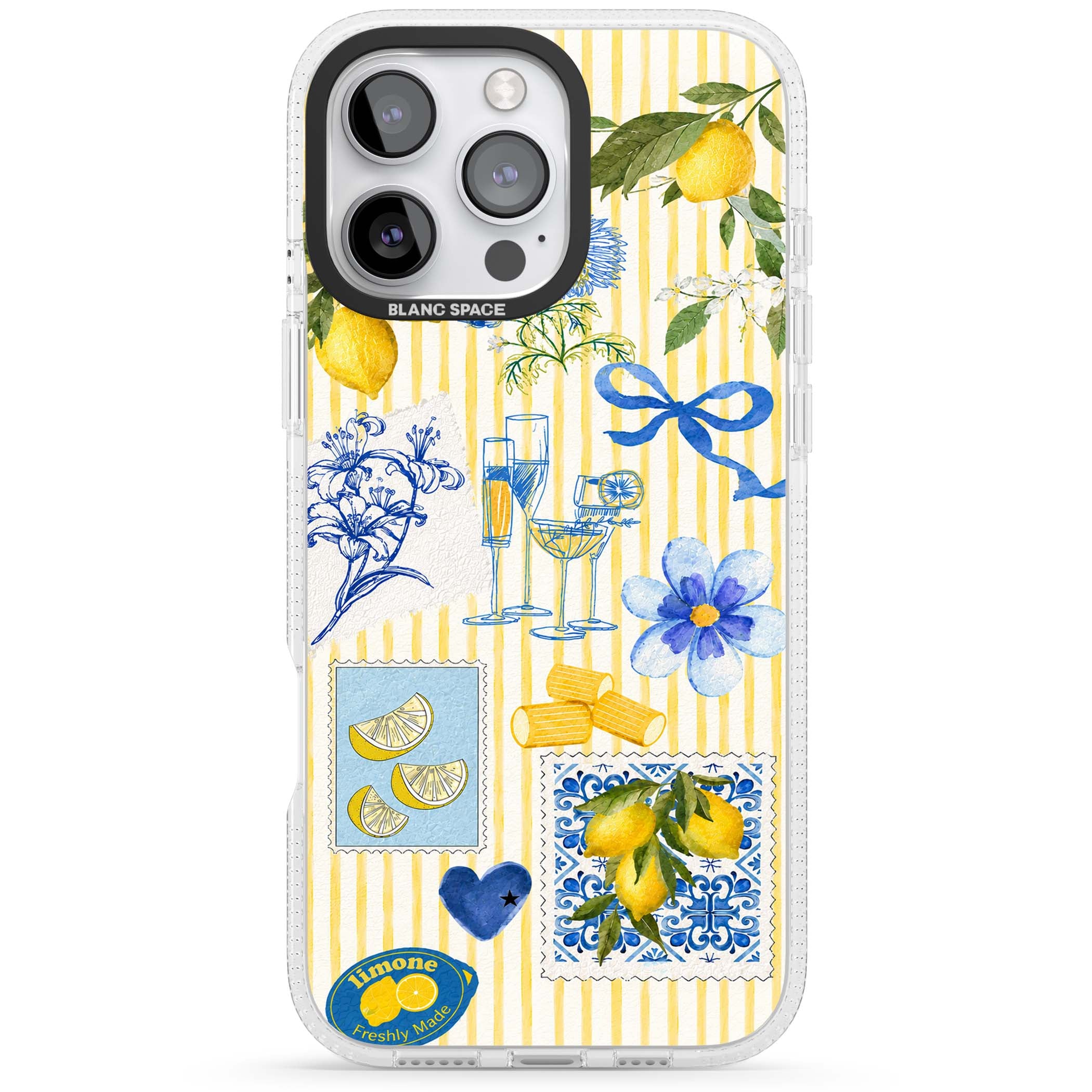 Limone Riviera Italian summer iPhone case featuring watercolour lemons, blue ribbon bows and majolica tile stamps on... | Clear Case Impact Air case for iPhone 16 Pro, iPhone 16 Pro Max