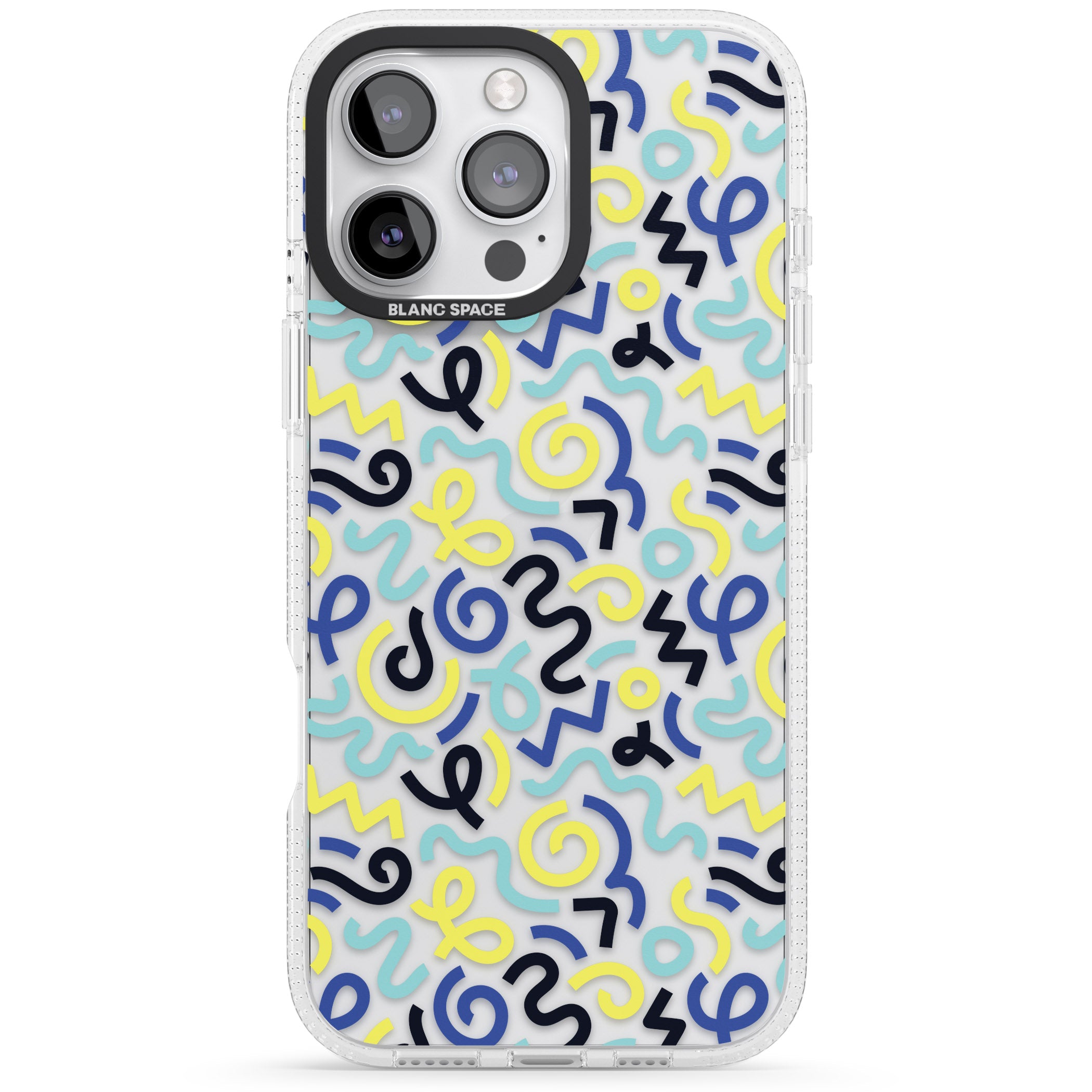 Blue & Yellow Shapes Memphis Retro Pattern Design iPhone 16 Pro Max / 16 Pro Clear Case Impact Air - Blanc Space