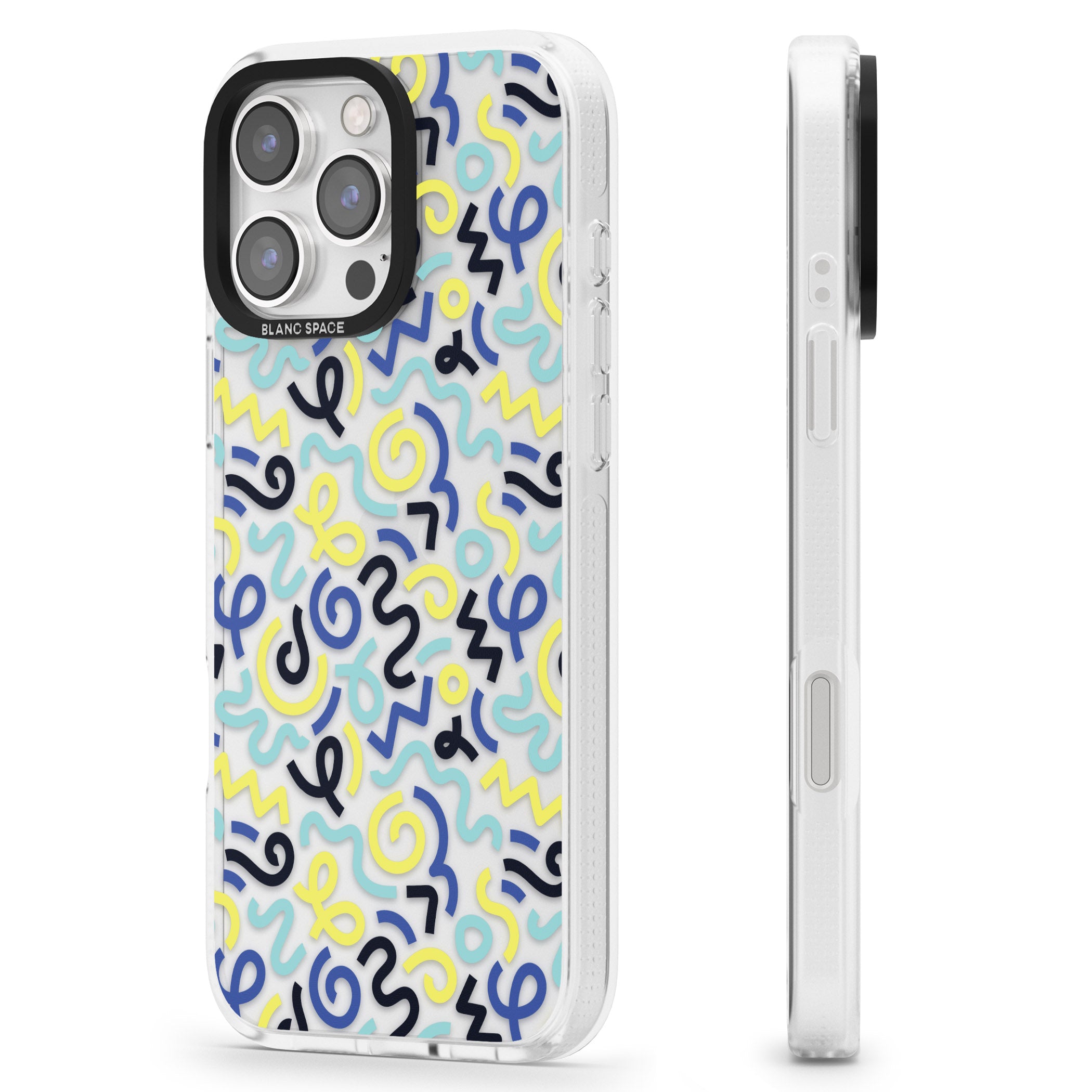 Blue & Yellow Shapes Memphis Retro Pattern Design iPhone 16 Pro Max / 16 Pro Clear Case Impact Air - Blanc Space