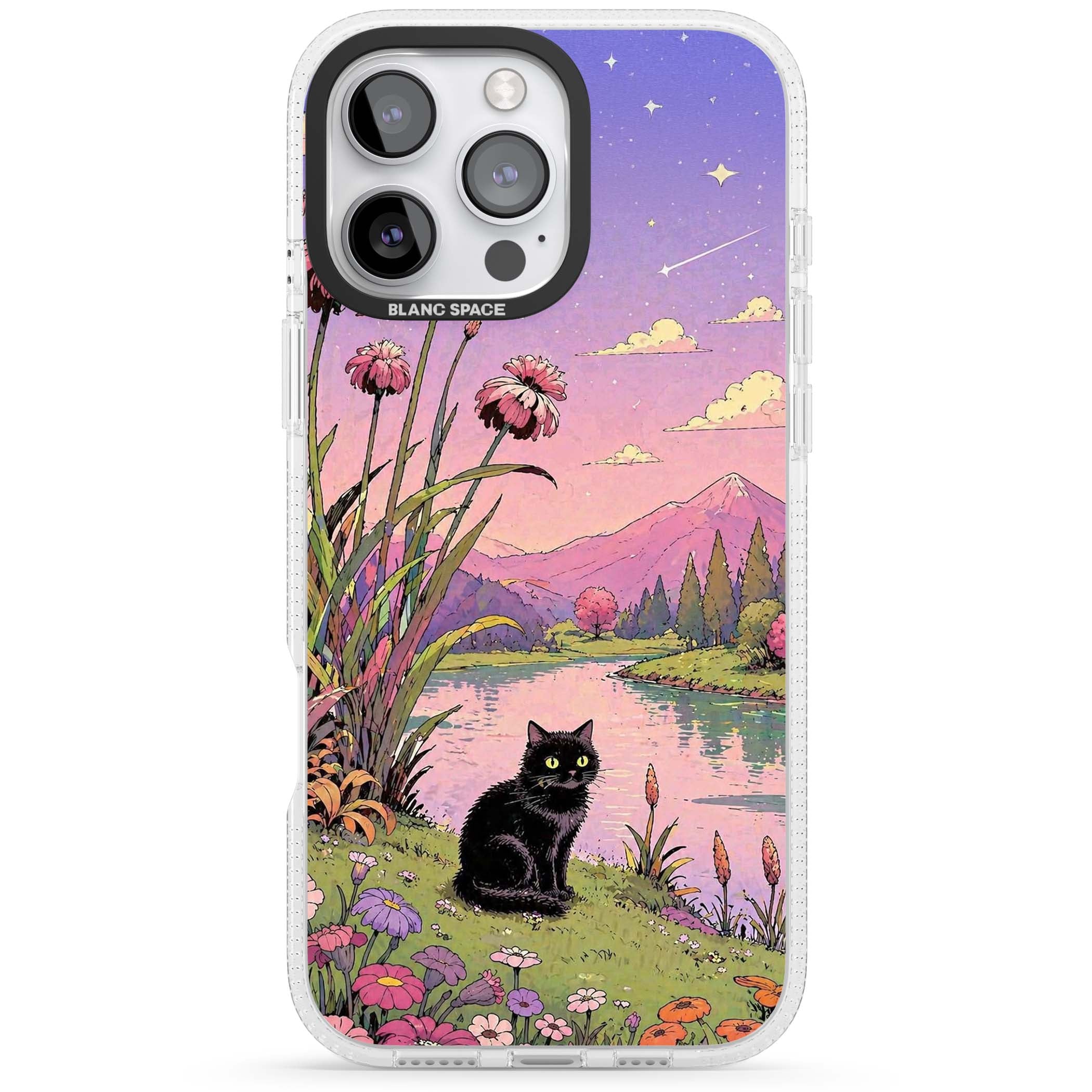 Mystic Whiskers ghibli iPhone case featuring a black cat by a pastel lake, wildflowers and a starry sunset sky | Clear Case Impact Air case for iPhone 16 Pro, iPhone 16 Pro Max