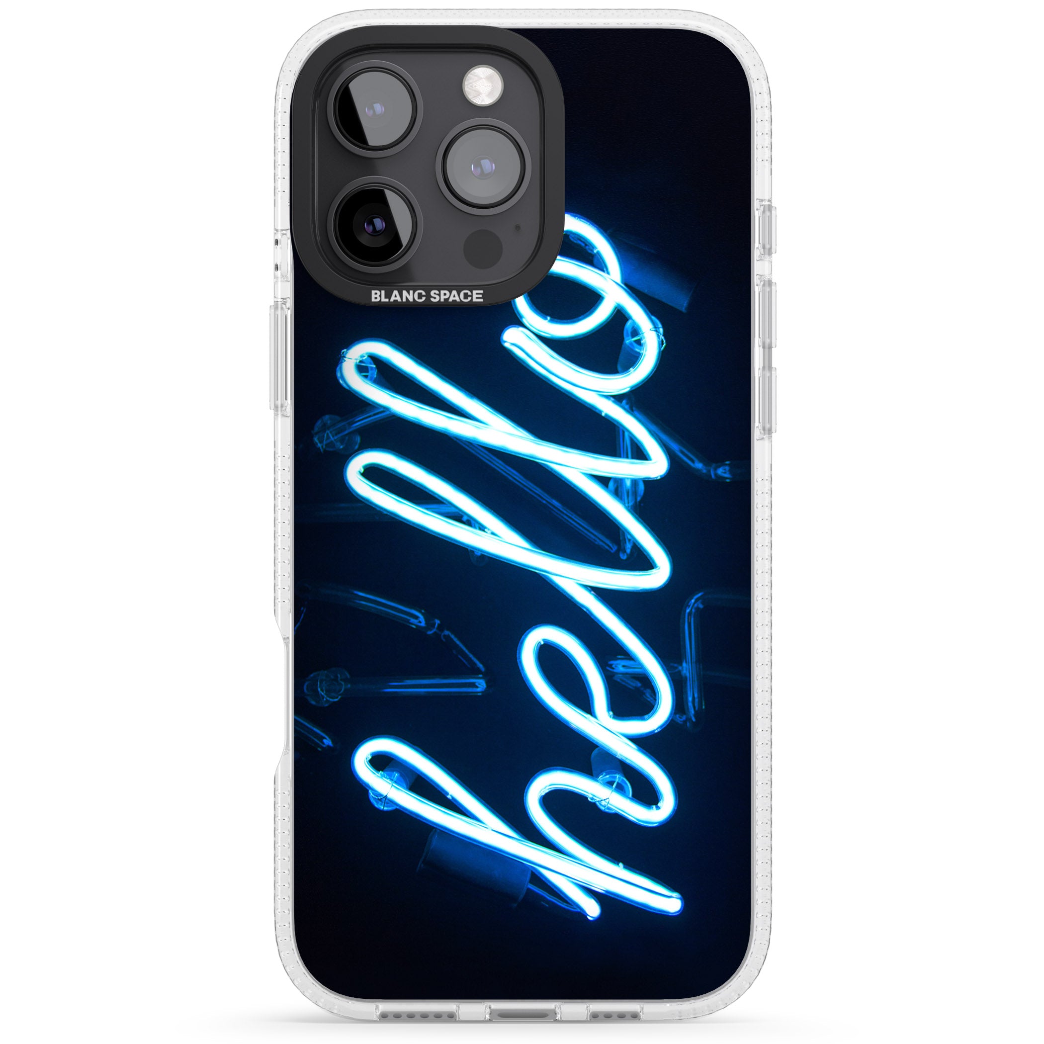 "Hello" Blue Cursive Neon Sign iPhone 16 Pro Max / 16 Pro Clear Case Impact Air - Blanc Space