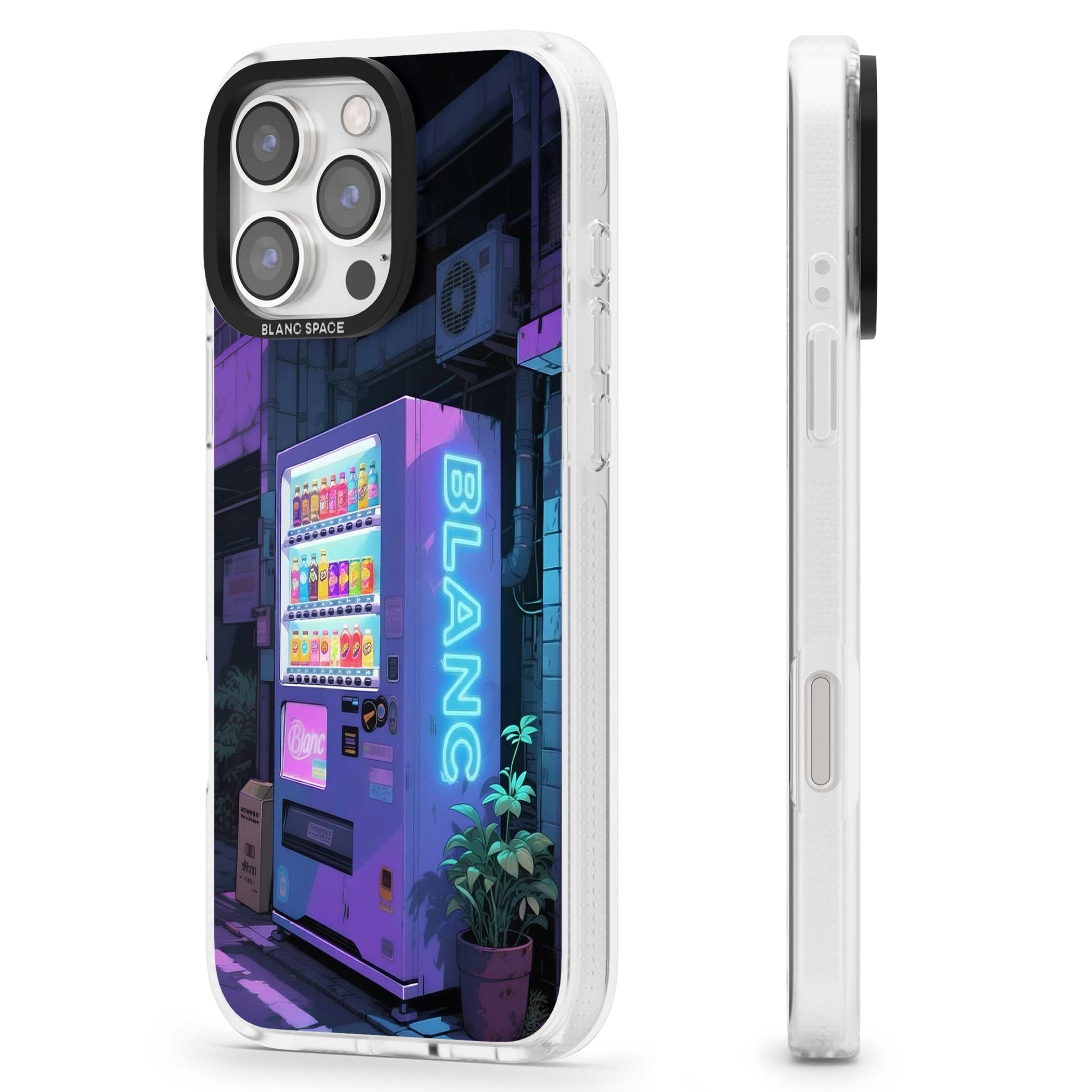 Shibuya Glow Japanese iPhone case featuring a glowing Tokyo vending machine, neon signage, and moody purple alleyway | Clear Case Impact Air case for iPhone 16 Pro, iPhone 16 Pro Max