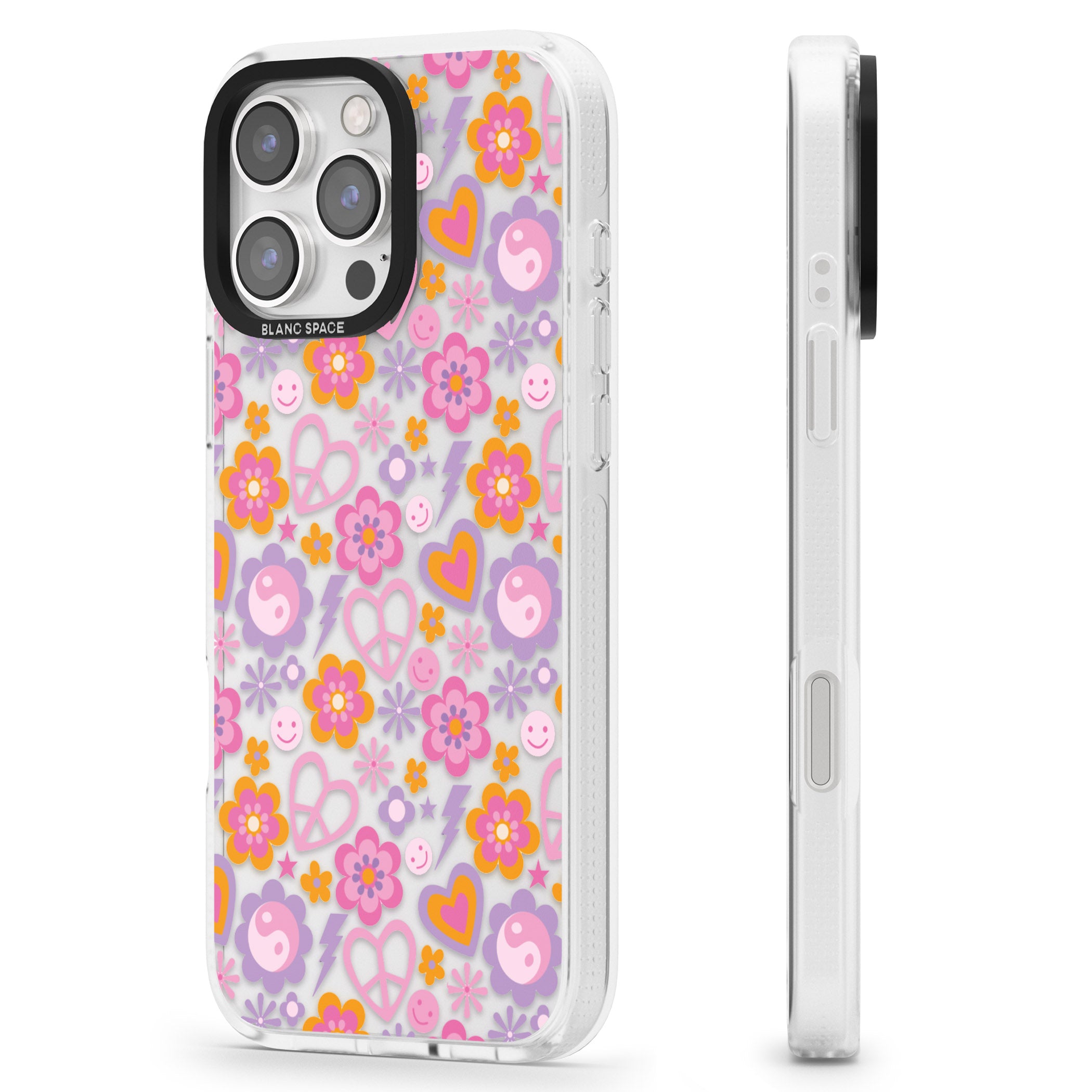 Peace, Love and Flowers Pattern iPhone 16 Pro Max / 16 Pro Clear Case Impact Air - Blanc Space