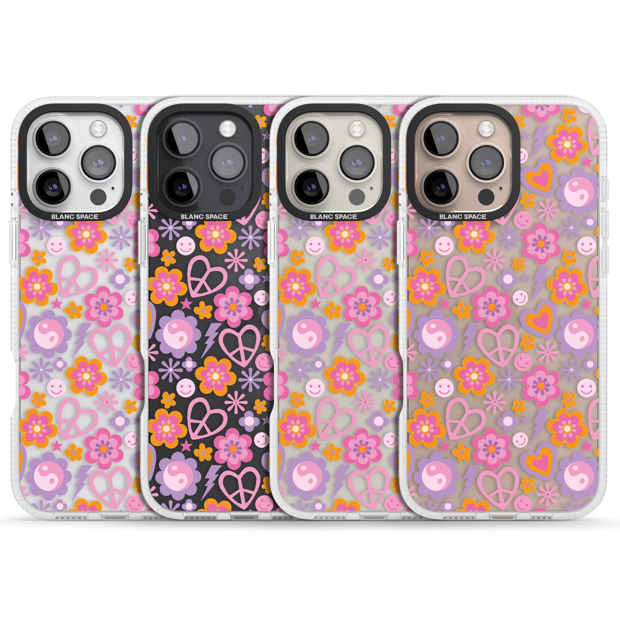 Peace, Love and Flowers Pattern iPhone 16 Pro Max / 16 Pro Clear Case Impact Air - Blanc Space