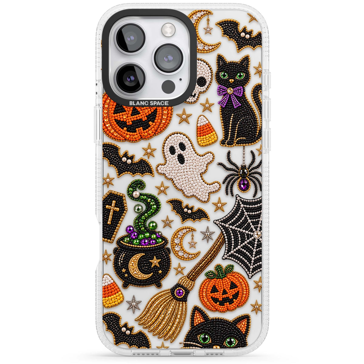 Beaded Halloween Halloween iPhone case featuring beaded pumpkins, ghosts, black cats and bats | Clear Case Impact Air case for iPhone 16 Pro, iPhone 16 Pro Max