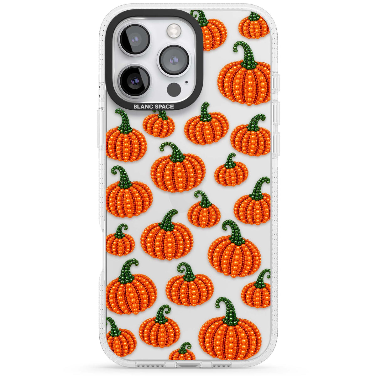 Beaded Pumpkins halloween iPhone case featuring beaded orange pumpkins with green stems on a clear background | Clear Case Impact Air case for iPhone 16 Pro, iPhone 16 Pro Max