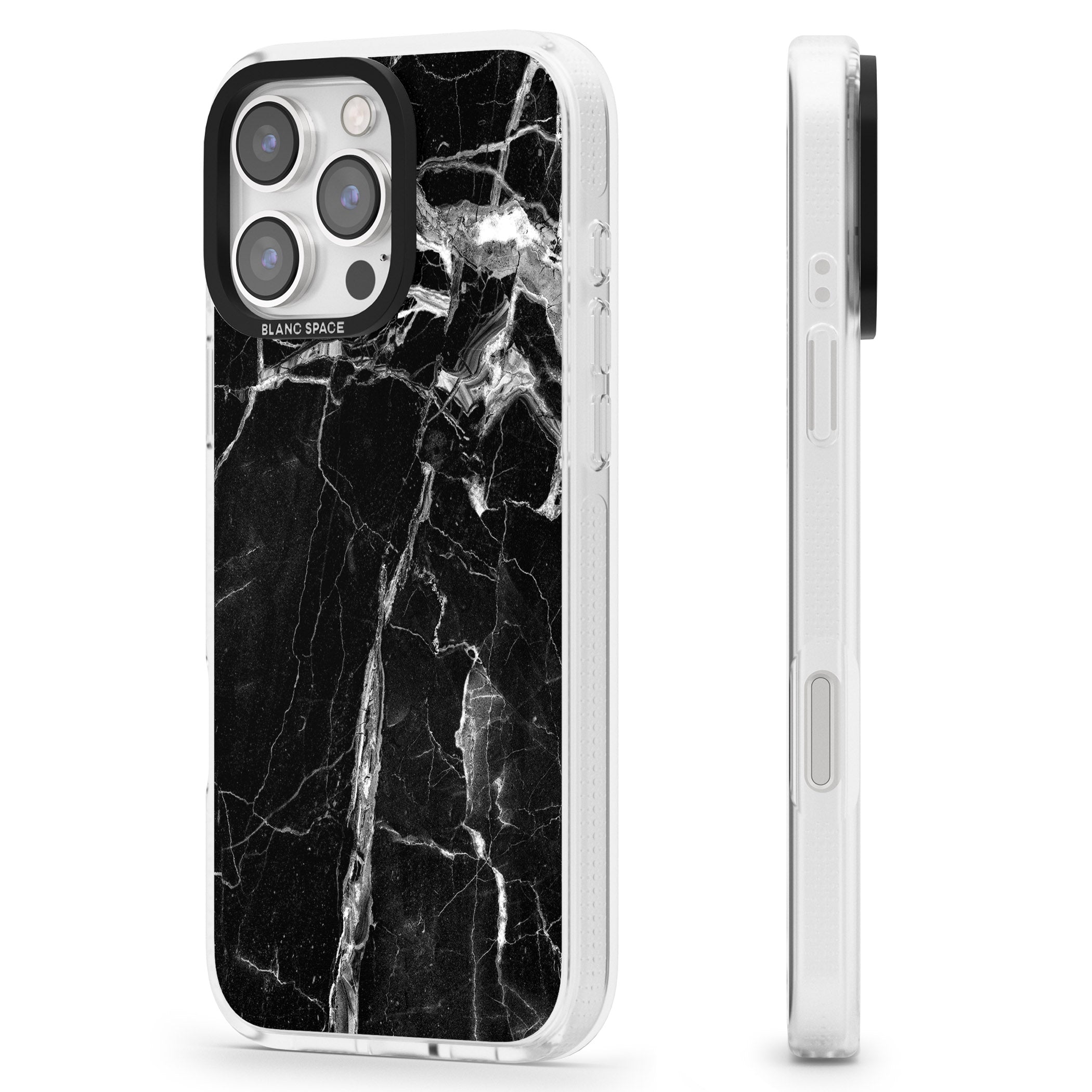 Black Onyx Marble Texture iPhone 16 Pro Max / 16 Pro Clear Case Impact Air - Blanc Space