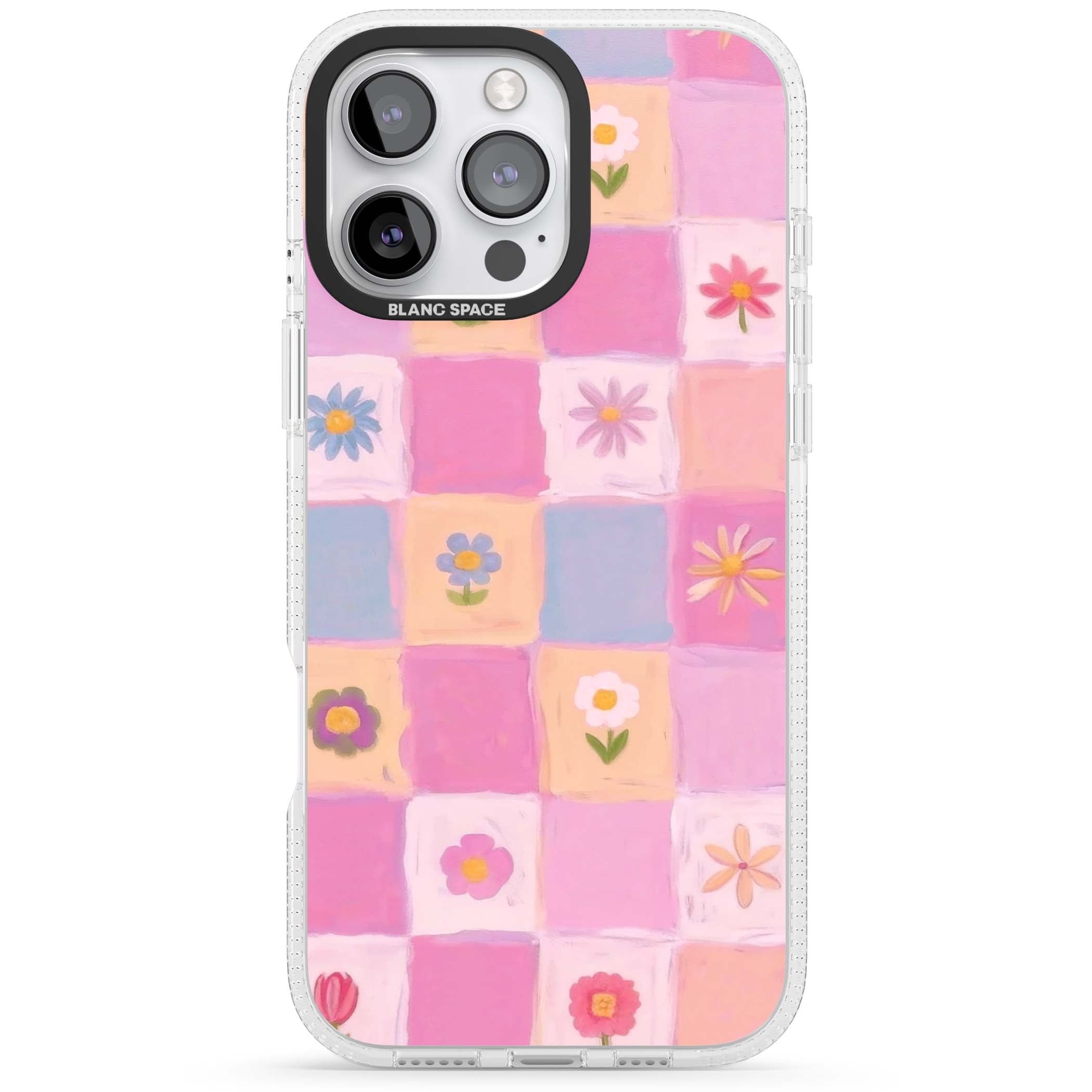 Pastel Flower Patchwork cottagecore iPhone case featuring painted pink and lilac squares with daisies and wildflowers | Clear Case Impact Air case for iPhone 16 Pro, iPhone 16 Pro Max