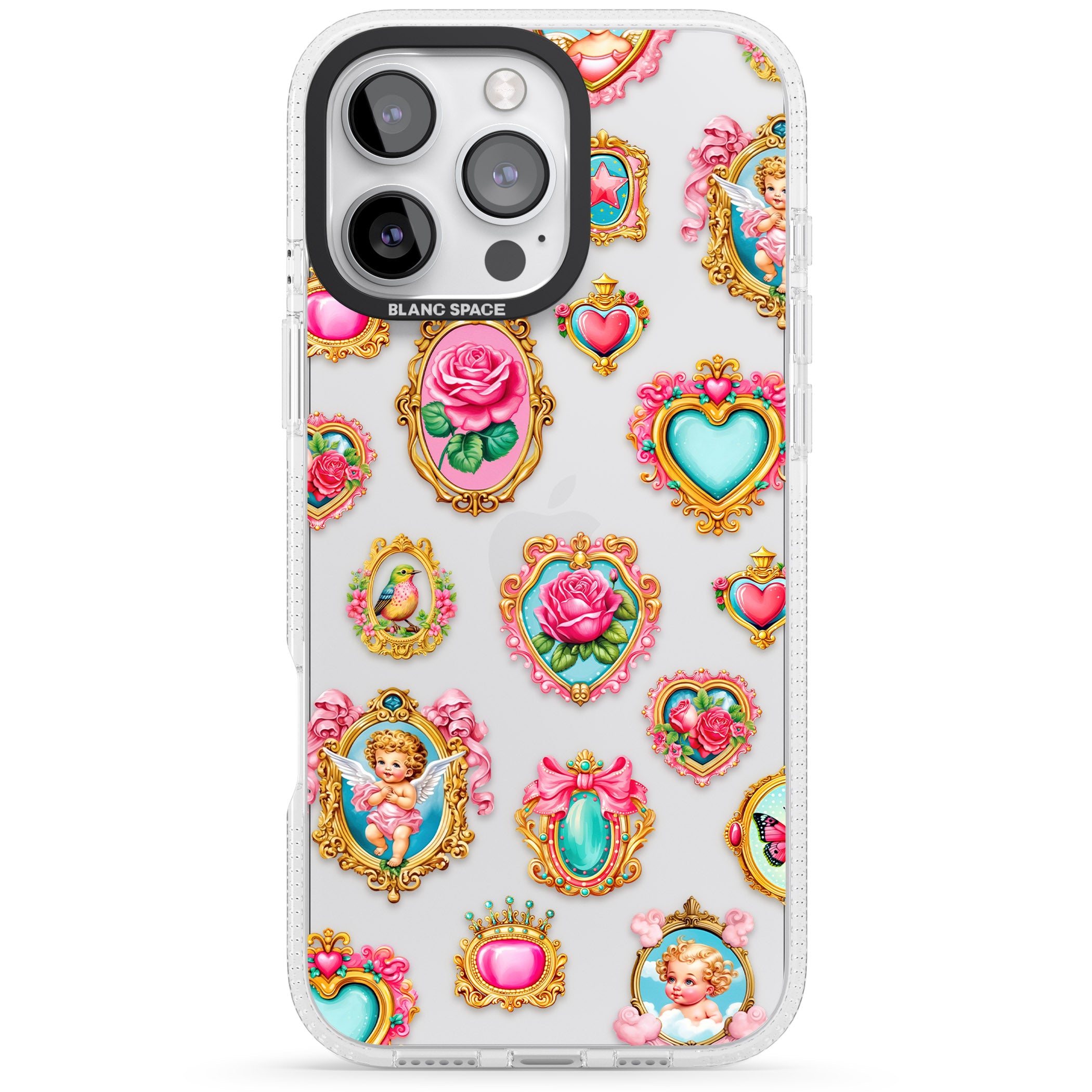 Angelcore Hearts & Frames iPhone 16 Pro Max / 16 Pro Clear Case Impact Air - Blanc Space