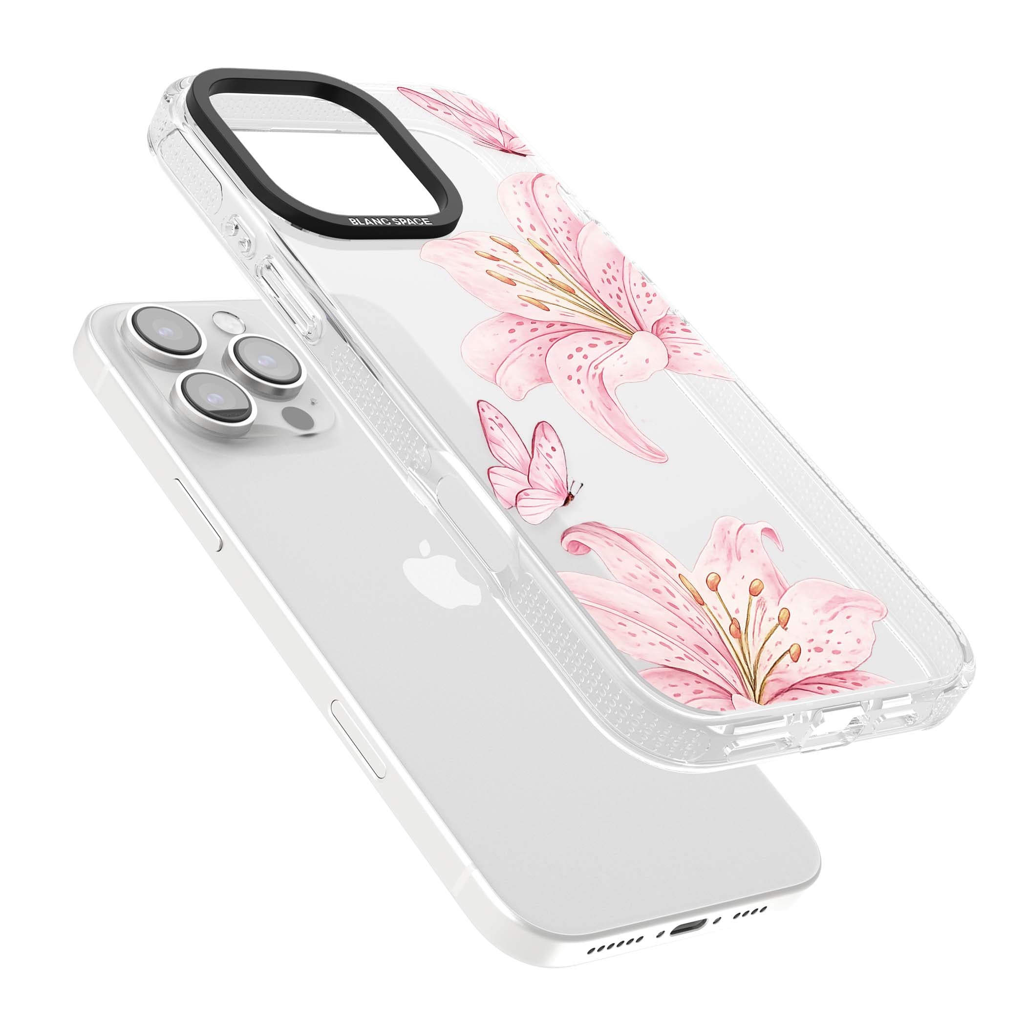 Lily Whisper floral iPhone case featuring pink watercolour lilies and delicate butterflies on a clear background | Clear Case Impact Air case for iPhone 16 Pro, iPhone 16 Pro Max