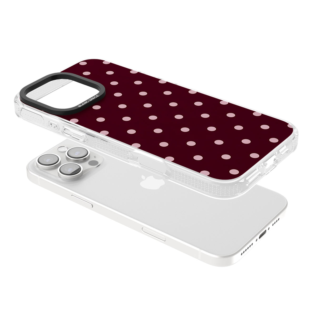 Merlot Dots polka dot iPhone case featuring dusty pink spots on a deep burgundy background in a retro grid iPhone 16 Pro / iPhone 16 Pro Max Impact Air Phone Case angled