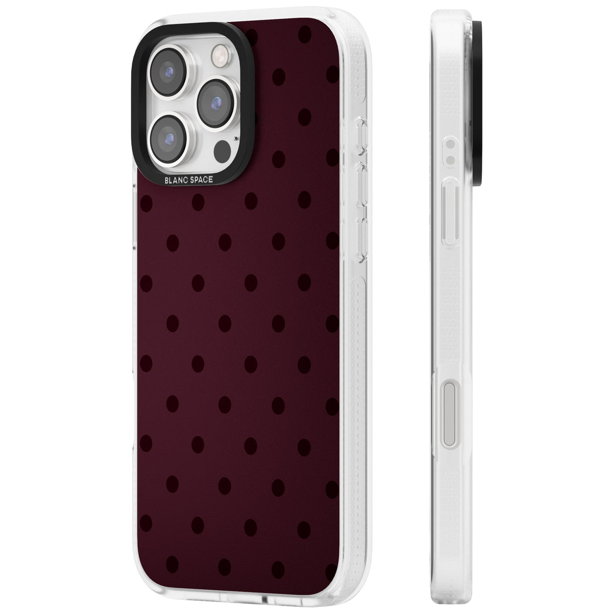 Burgundy Polka Dot minimalist iPhone case featuring black polka dots on a deep burgundy wine red background iPhone 16 Pro / iPhone 16 Pro Max Impact Air Phone Case side