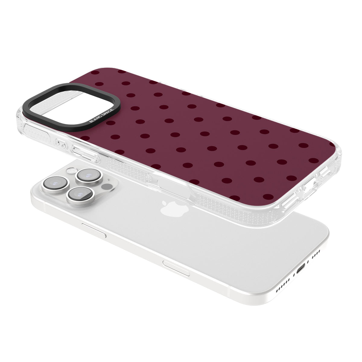 Burgundy Polka Dot minimalist iPhone case featuring black polka dots on a deep burgundy wine red background iPhone 16 Pro / iPhone 16 Pro Max Impact Air Phone Case angled