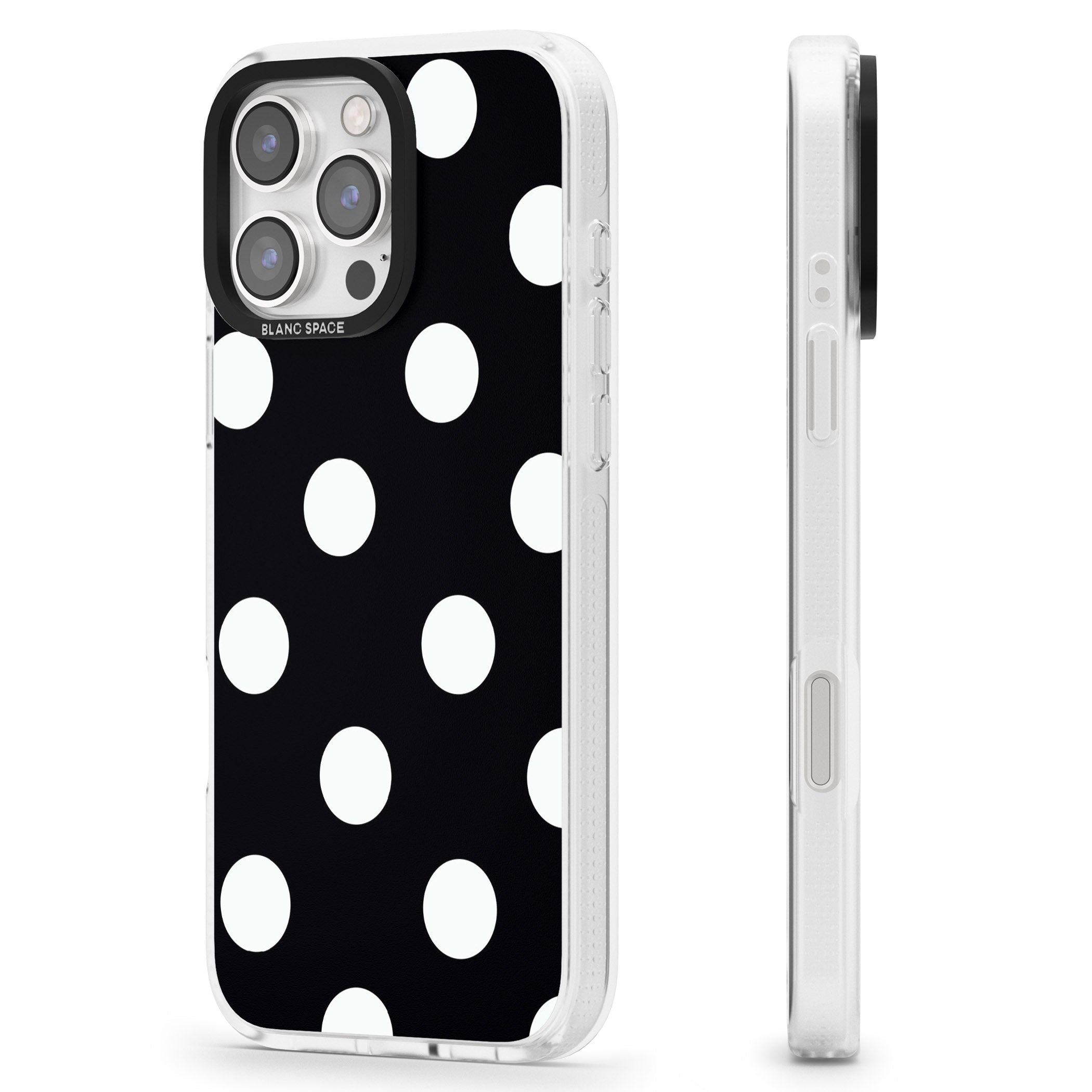 Chic Black Polka Dot iPhone 16 Pro Max / 16 Pro Clear Case Impact Air - Blanc Space