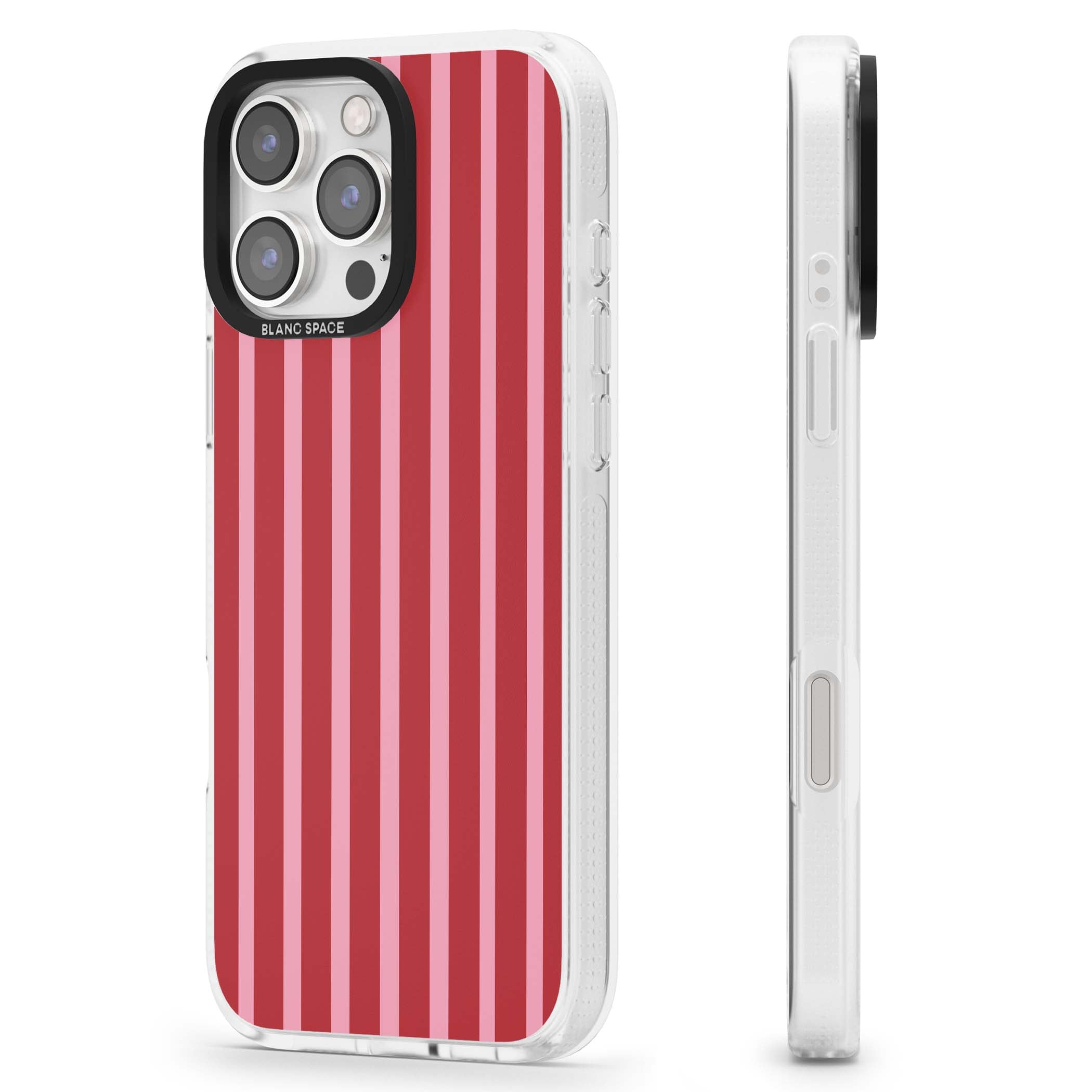 Raspberry Stripe coquette iPhone case featuring red and pink vertical stripes in a candy-inspired pattern | Clear Case Impact Air case for iPhone 16 Pro, iPhone 16 Pro Max