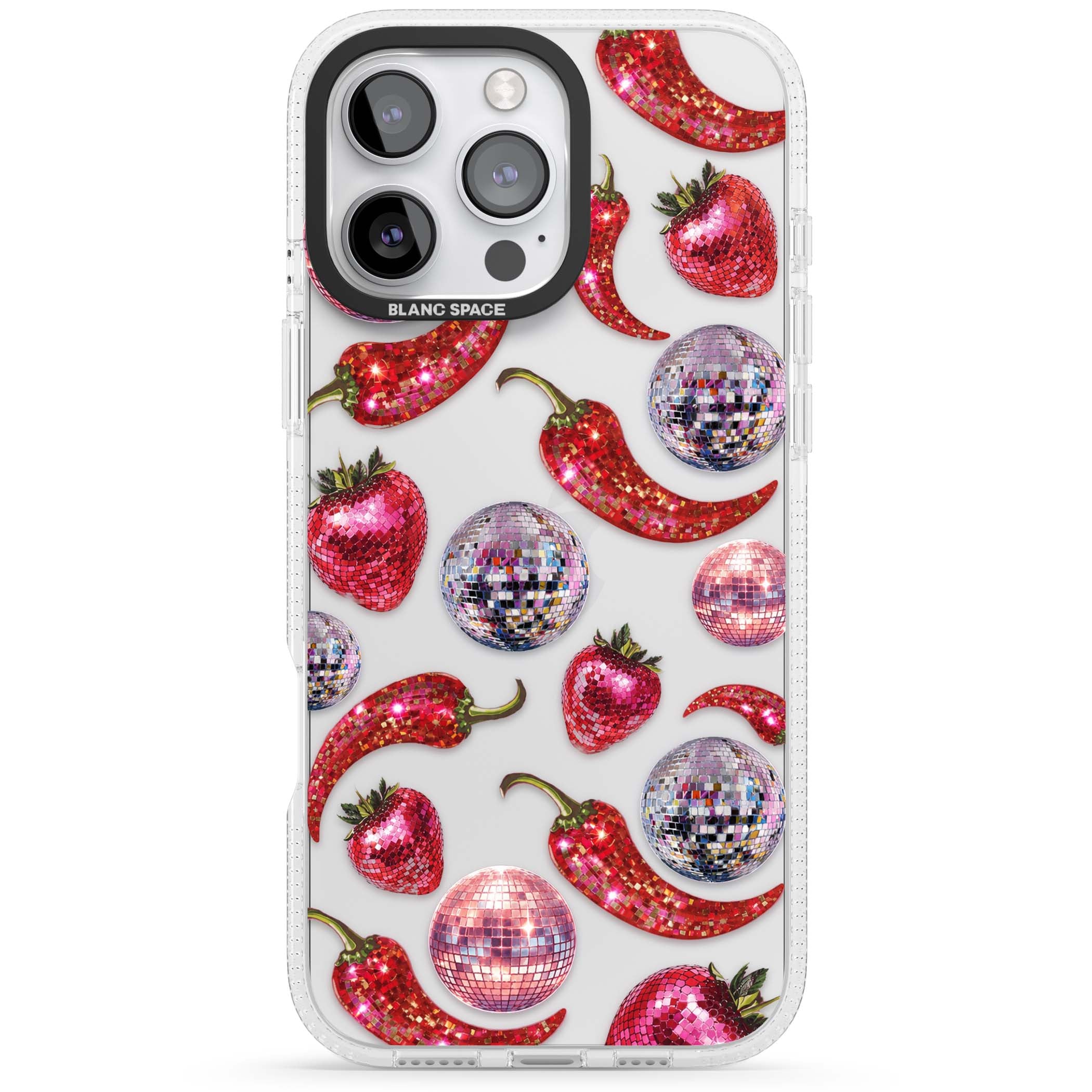 Spicy Disco Y2K iPhone case featuring glitter disco balls, sparkly strawberries and red chilli peppers | Clear Case Impact Air case for iPhone 16 Pro, iPhone 16 Pro Max