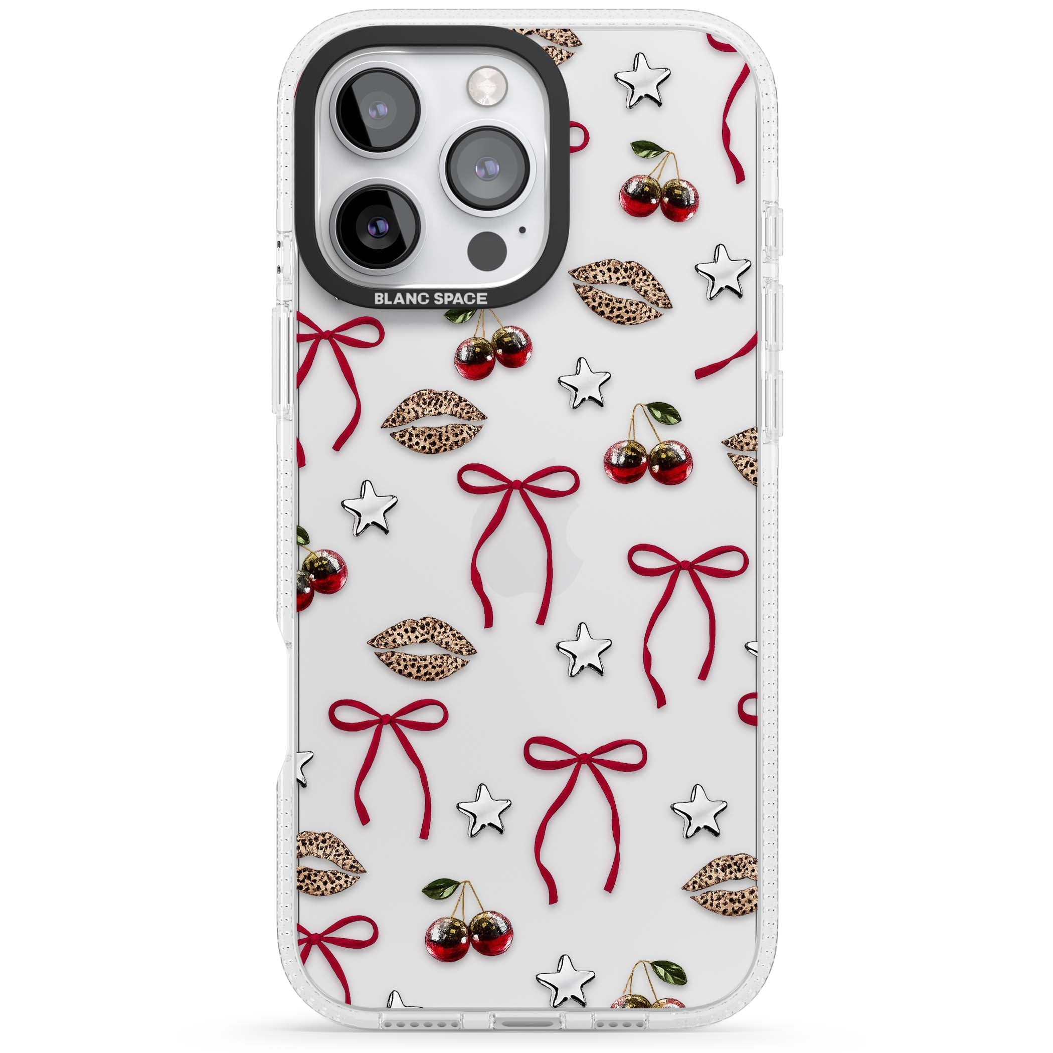 Starlet coquette iPhone case featuring red ribbon bows, disco cherries and leopard-print lips | Clear Case Impact Air case for iPhone 16 Pro, iPhone 16 Pro Max
