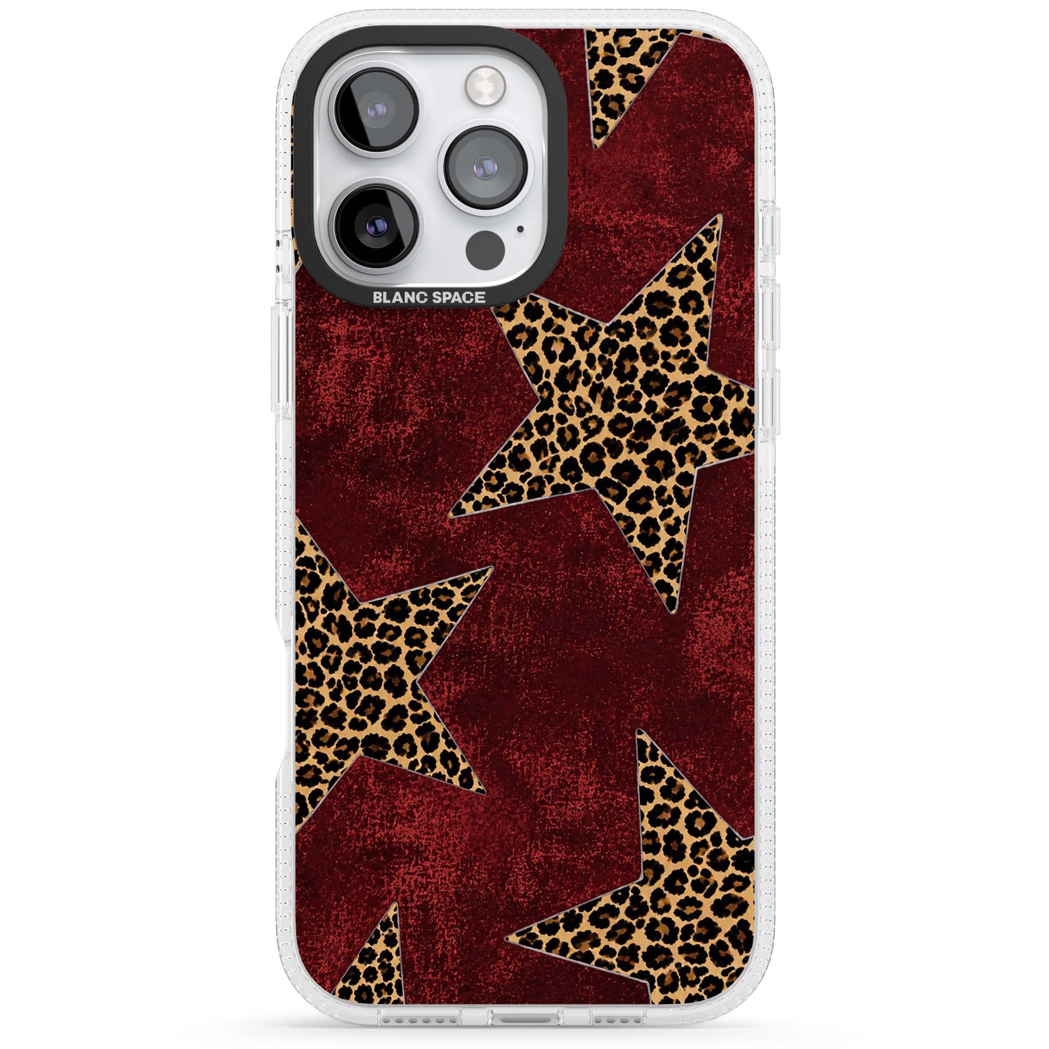 Showgirl leopard print iPhone case featuring cheetah print stars on distressed red grunge background | Clear Case Impact Air case for iPhone 16 Pro, iPhone 16 Pro Max
