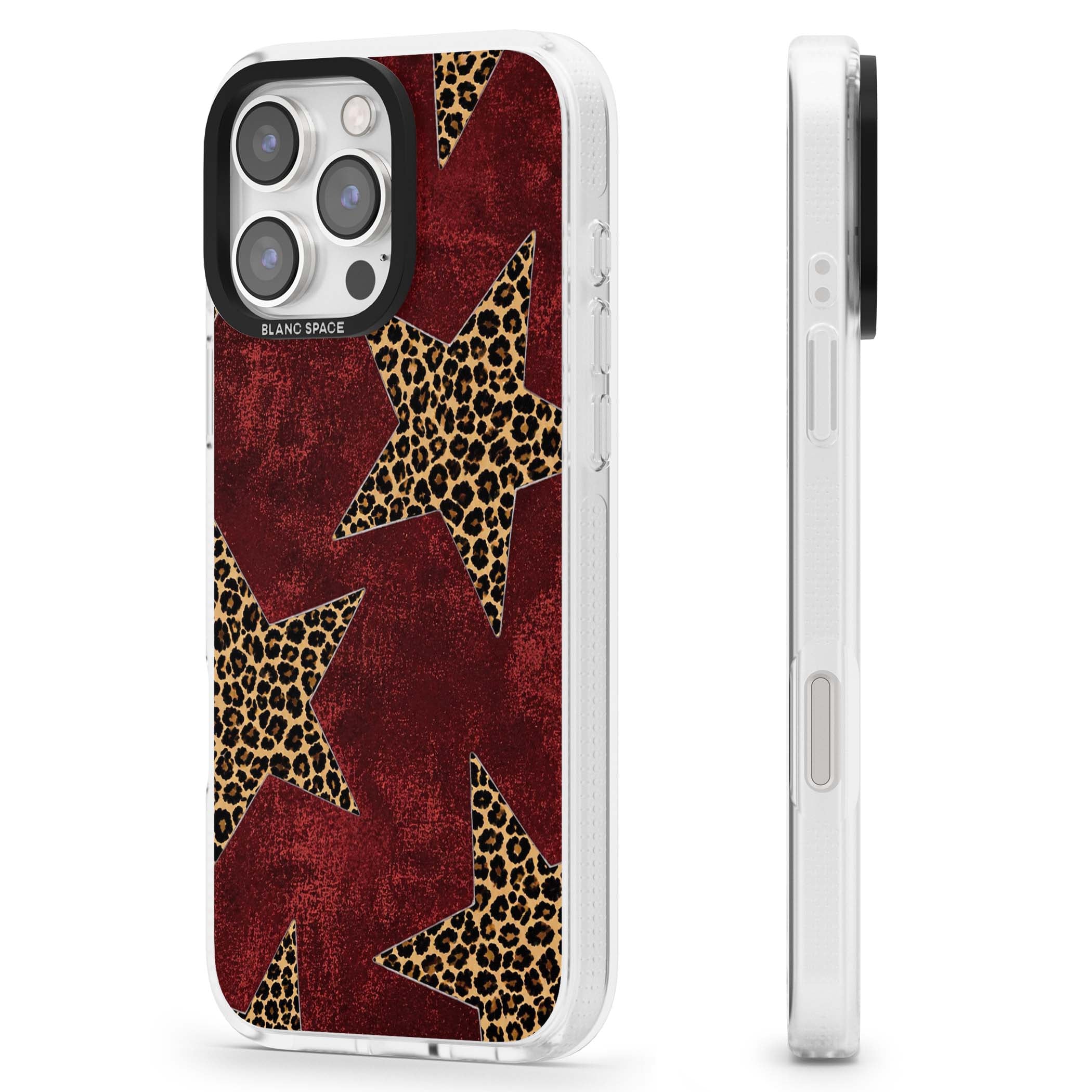 Showgirl leopard print iPhone case featuring cheetah print stars on distressed red grunge background | Clear Case Impact Air case for iPhone 16 Pro, iPhone 16 Pro Max
