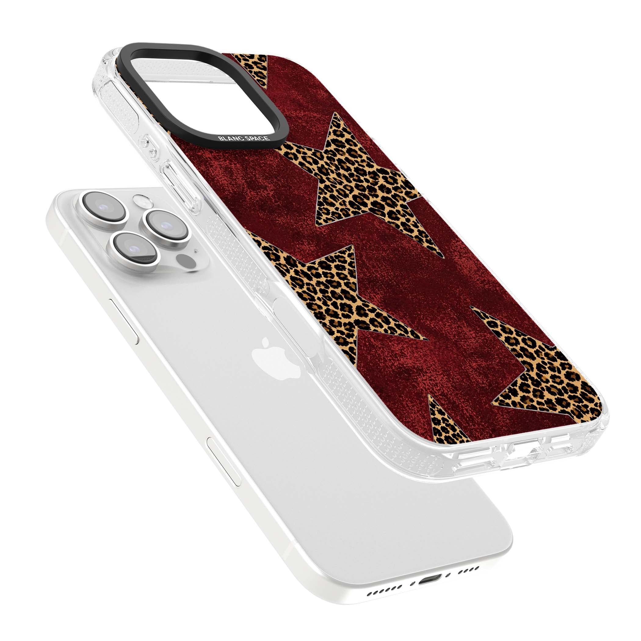 Showgirl leopard print iPhone case featuring cheetah print stars on distressed red grunge background | Clear Case Impact Air case for iPhone 16 Pro, iPhone 16 Pro Max