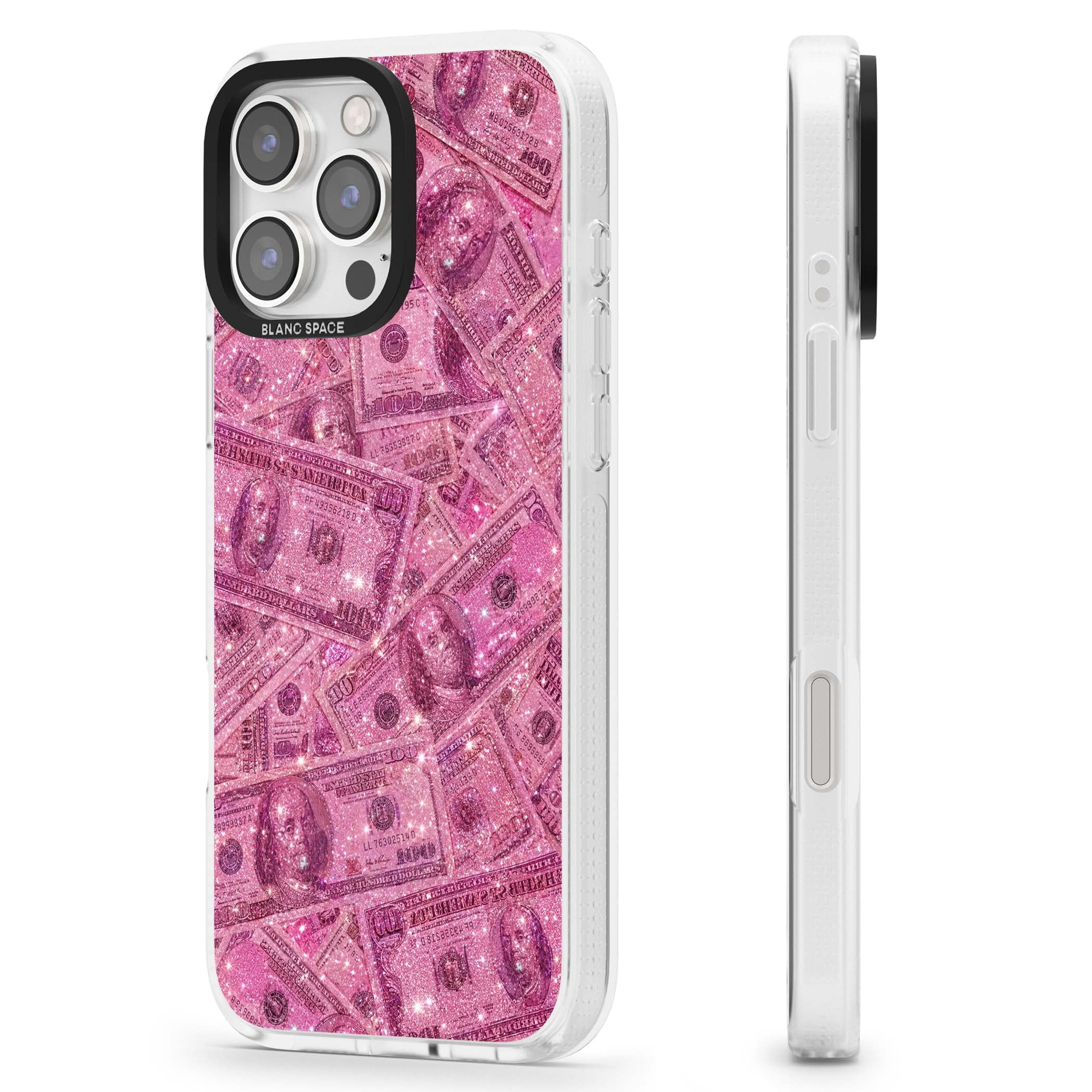 Glamorous baddie iPhone case featuring pink glitter hundred dollar bills and sparkling money wallpaper design | Clear Case Impact Air case for iPhone 16 Pro, iPhone 16 Pro Max