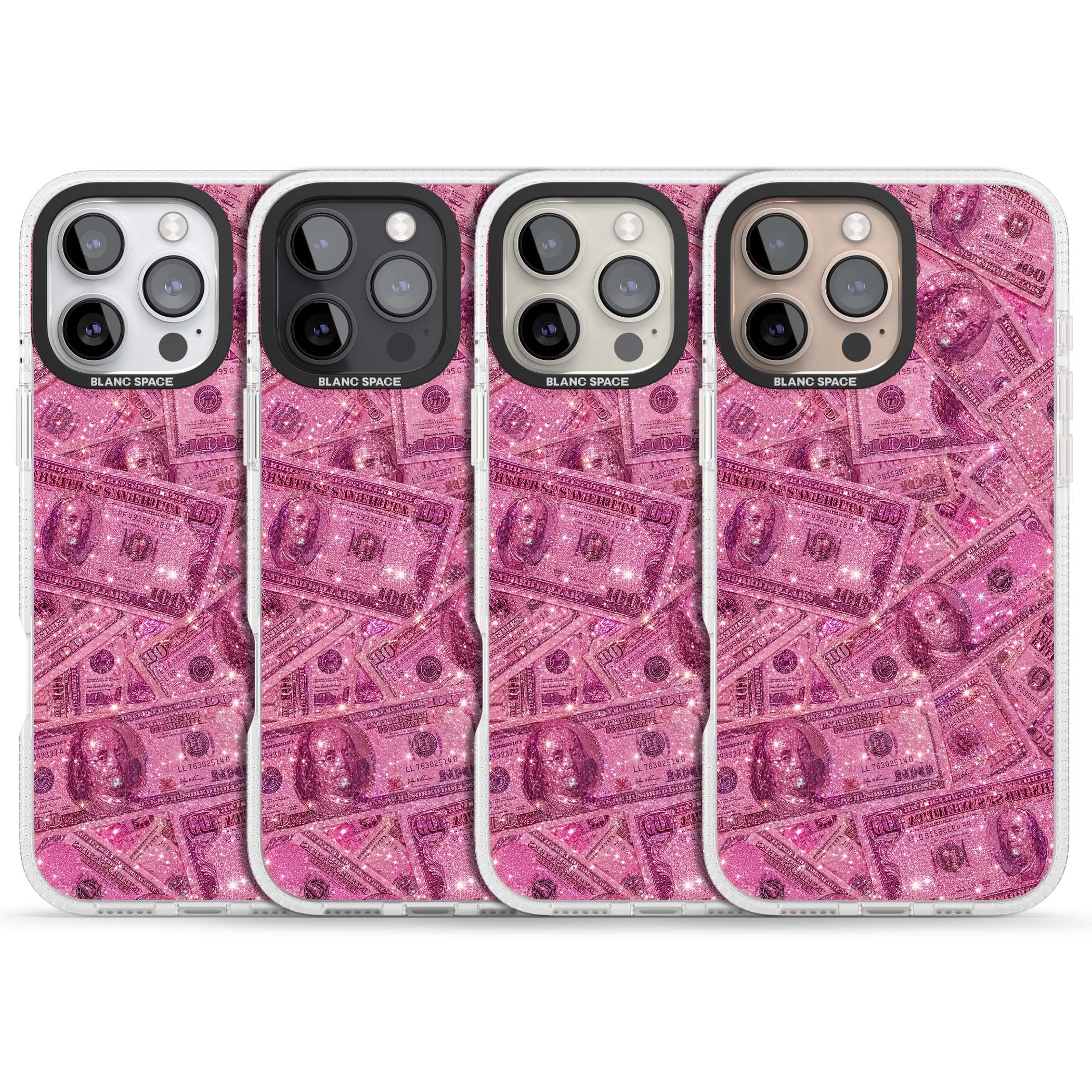 Glamorous baddie iPhone case featuring pink glitter hundred dollar bills and sparkling money wallpaper design | Clear Case Impact Air case for iPhone 16 Pro, iPhone 16 Pro Max