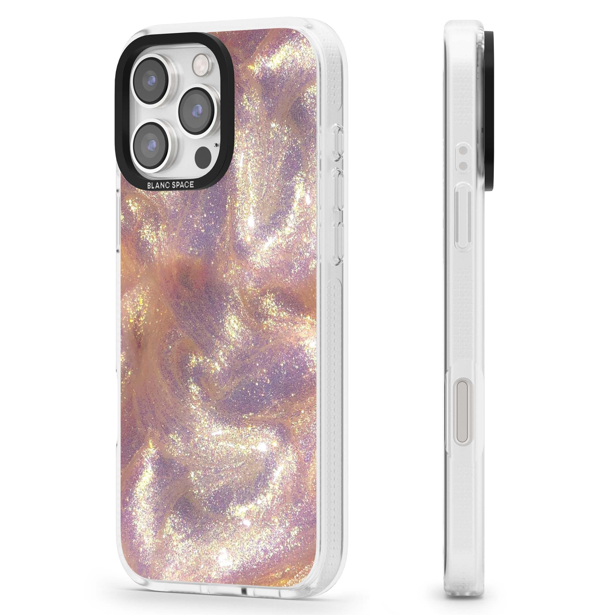 Shimmer marble iPhone case featuring rose gold glitter swirls, lilac shimmer and iridescent pearl finish | Clear Case Impact Air case for iPhone 16 Pro, iPhone 16 Pro Max