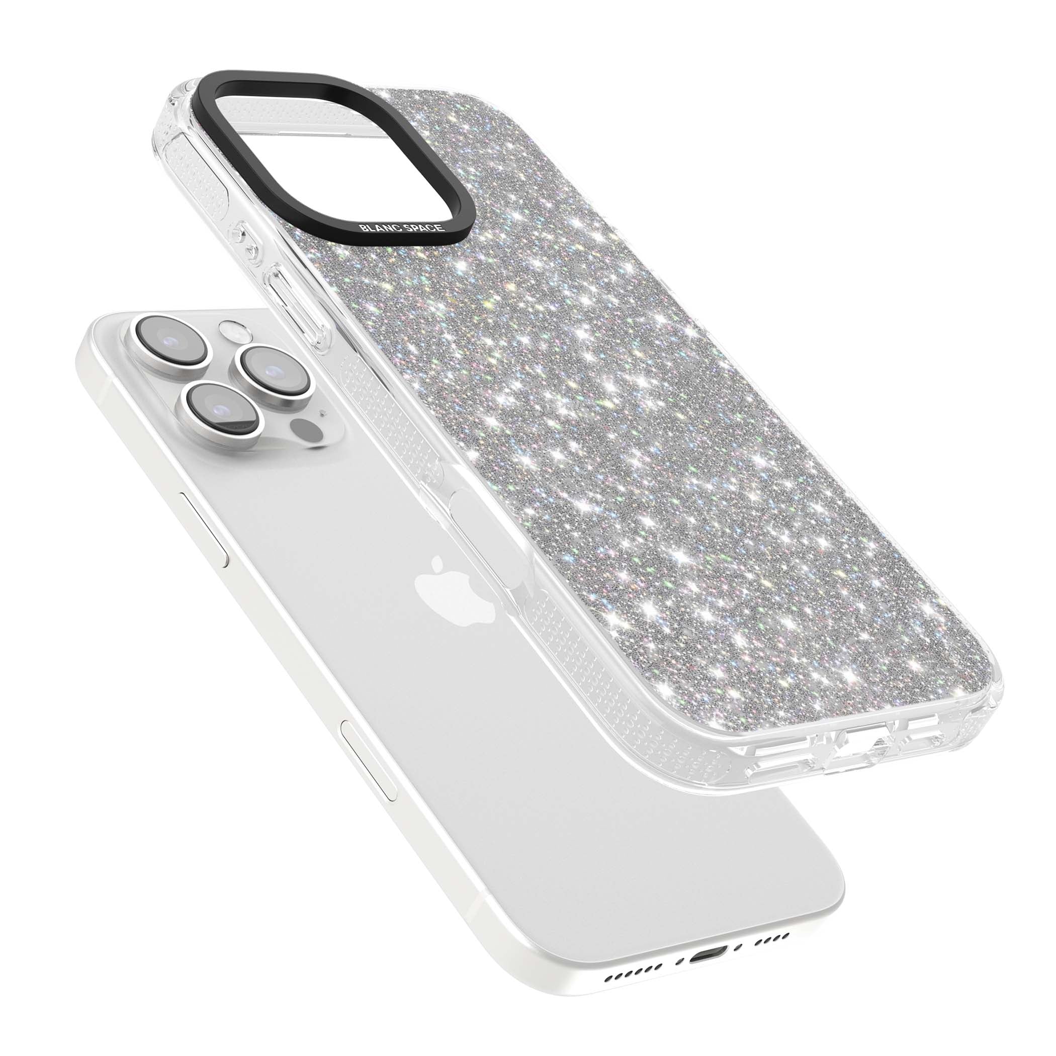 Diamond glam iPhone case featuring silver glitter sparkle and shimmering diamond dust effect | Clear Case Impact Air case for iPhone 16 Pro, iPhone 16 Pro Max