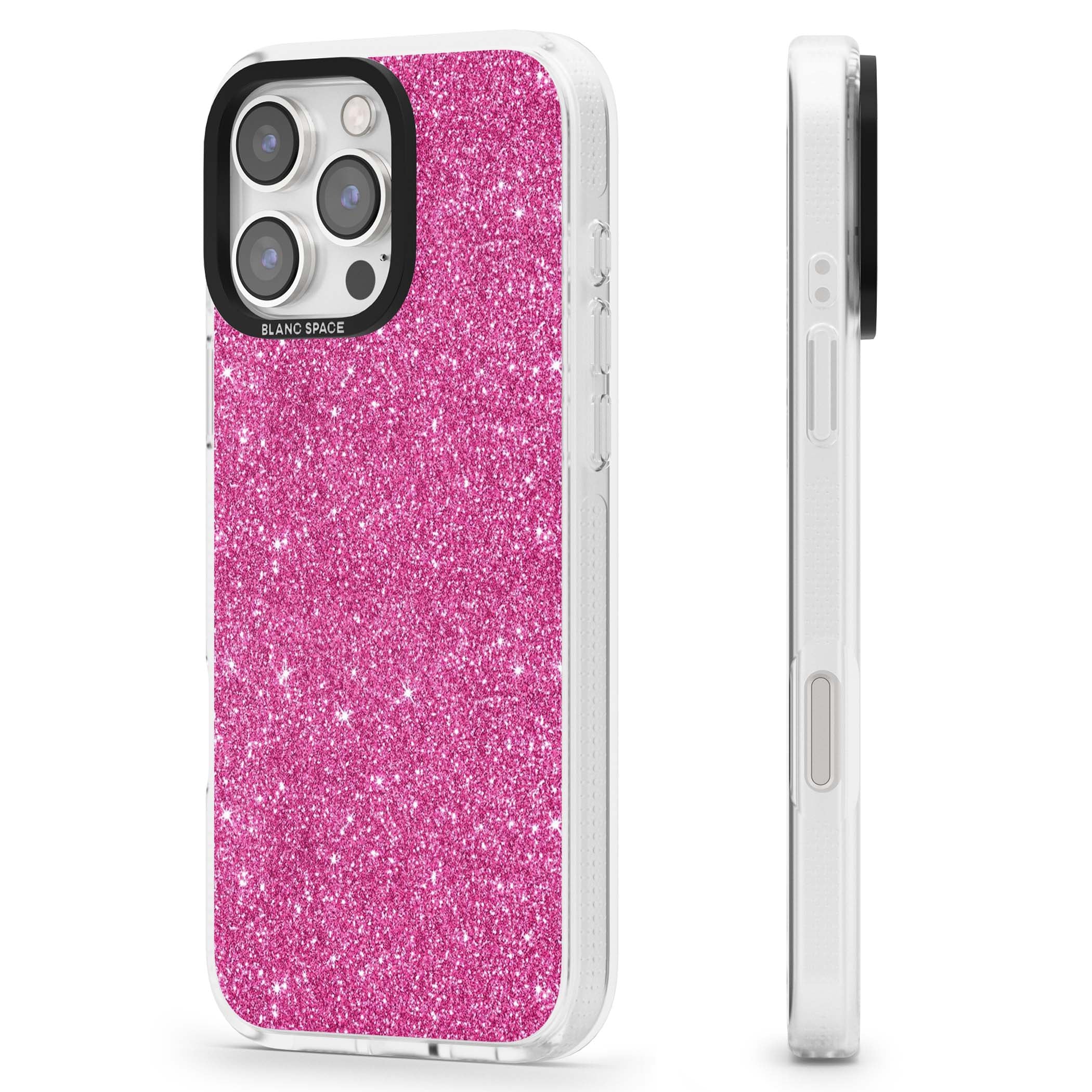 Pink Glitter Y2K iPhone case featuring hot pink glitter wallpaper with sparkle shimmer effect | Clear Case Impact Air case for iPhone 16 Pro, iPhone 16 Pro Max